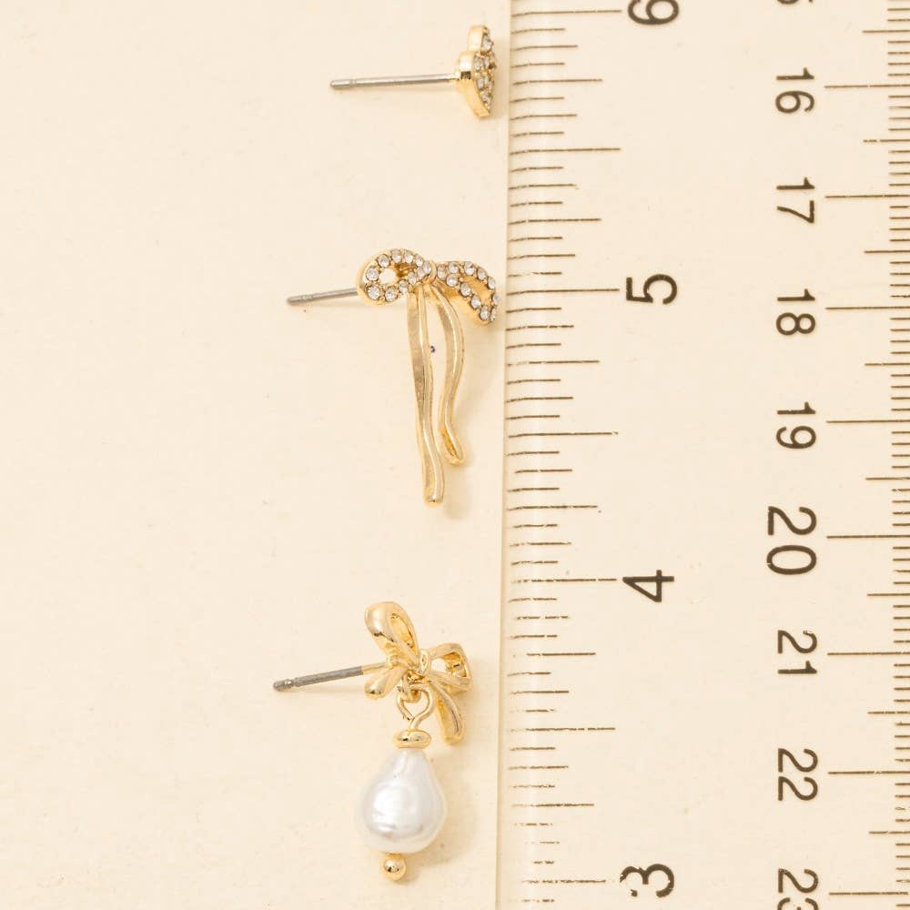 Anarchy Street - Pave Heart Pearl Ribbon Bow Stud Earrings Set