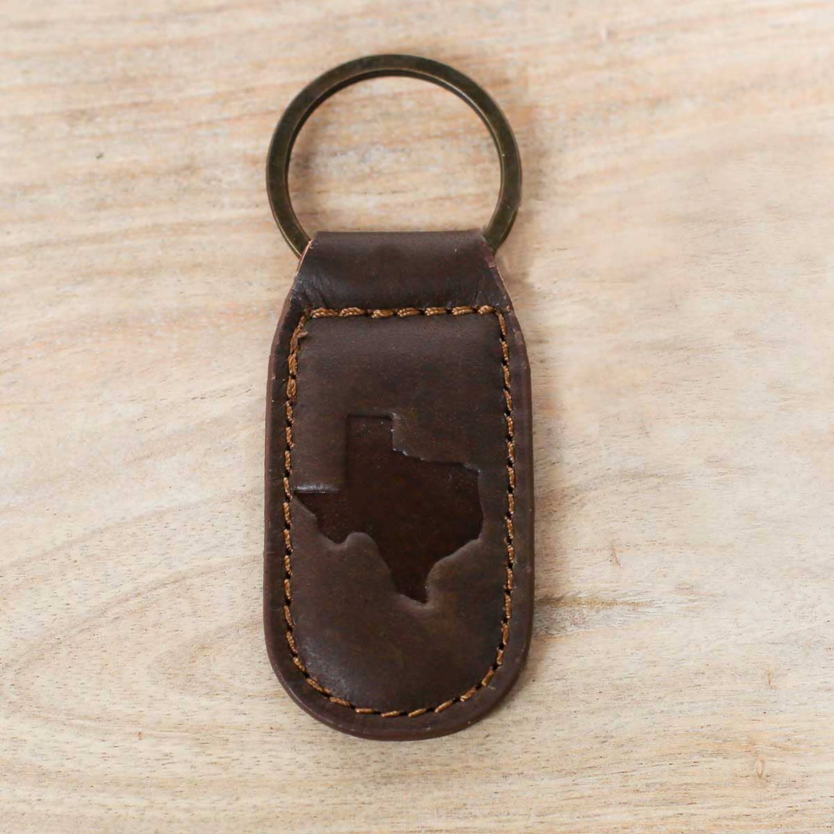 The Royal Standard - Texas Leather Embossed Keychain   Dark Brown   1.35x2.55