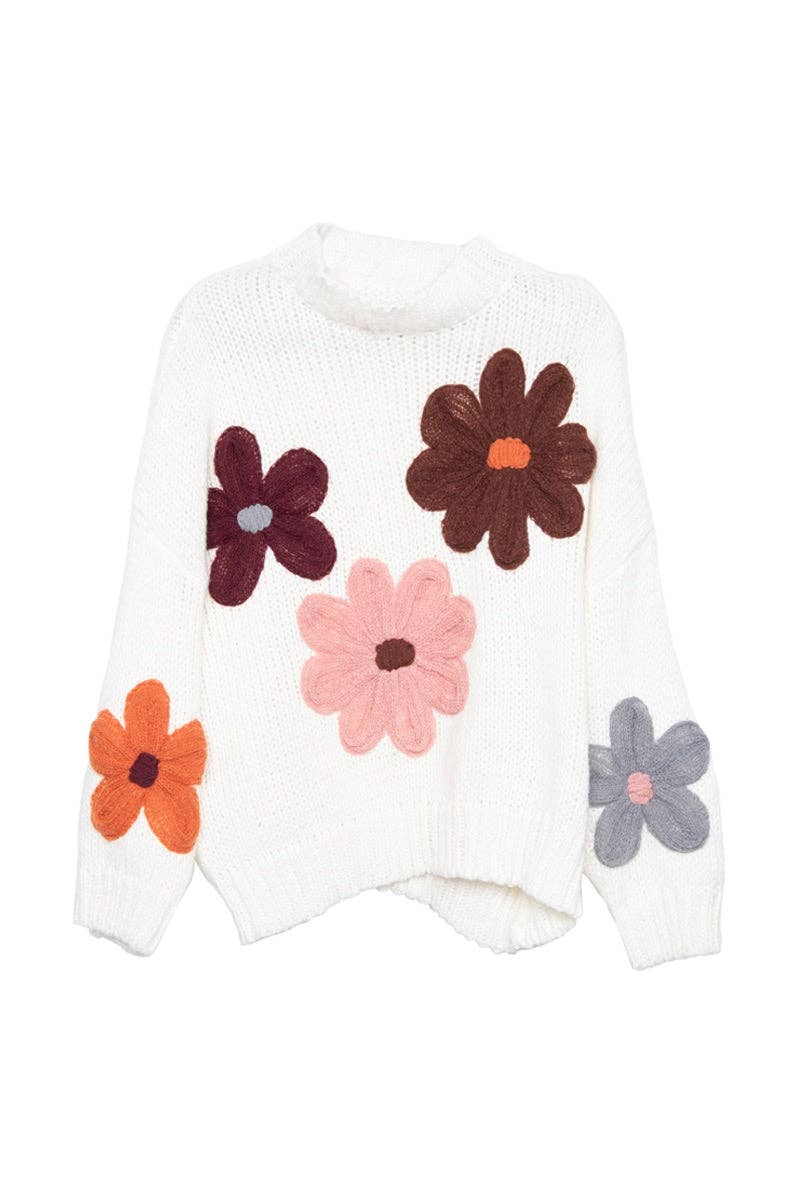 Katydid - White Floral Wholesale Warm Fall Stitched Sweater