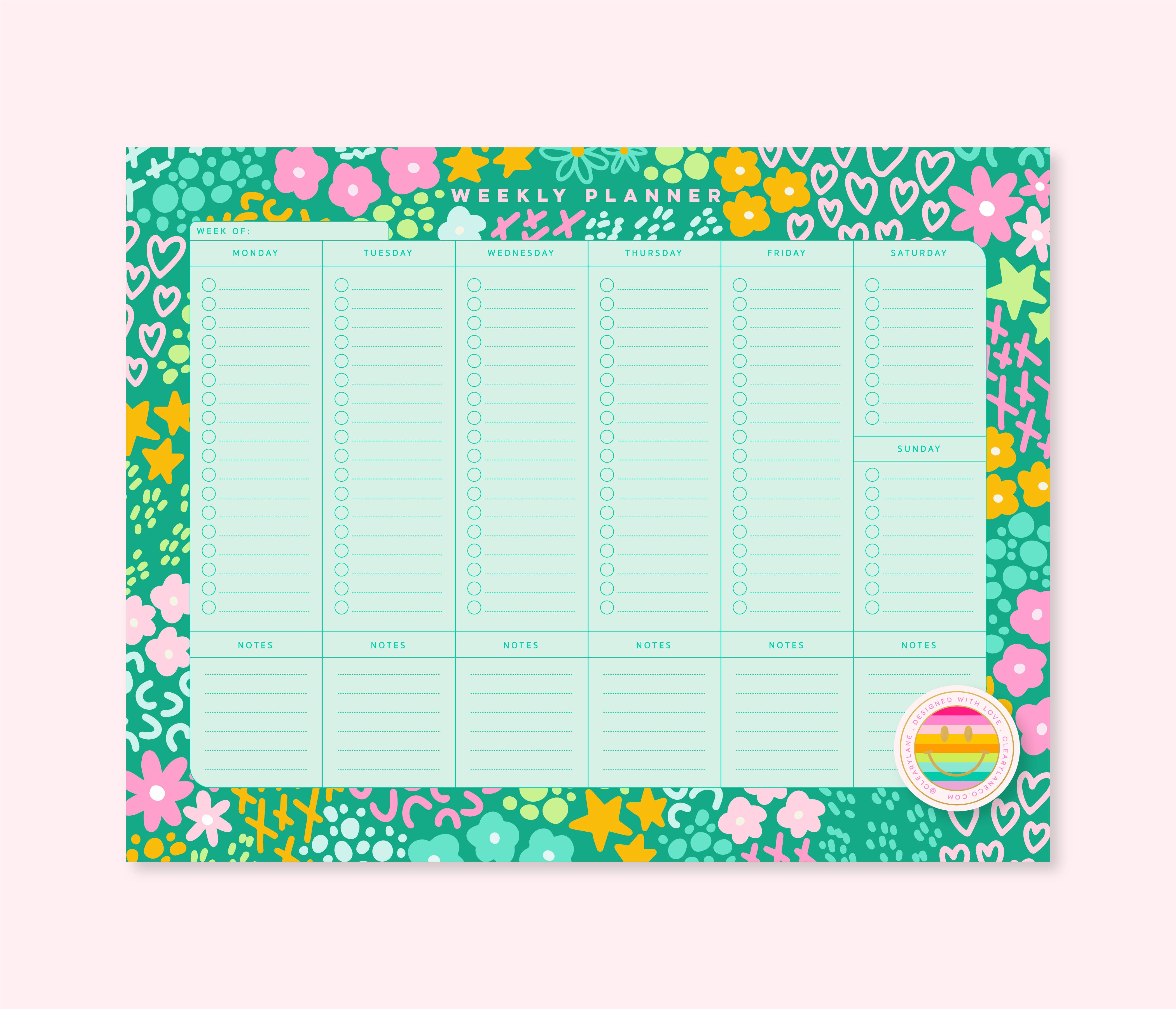 Cleary Lane - Weekly Planner Notepad | 8.5"x11" | Emerald Rainbow Garden