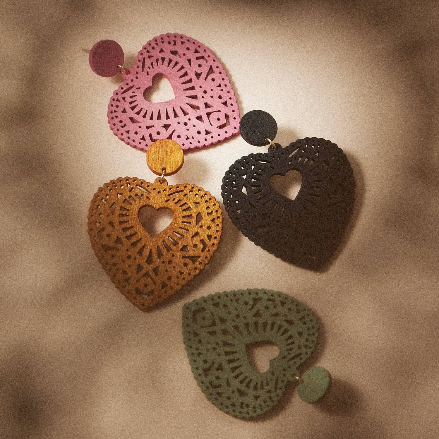 Frem - Colorful Heart-Shaped Wooden Filigree Earrings