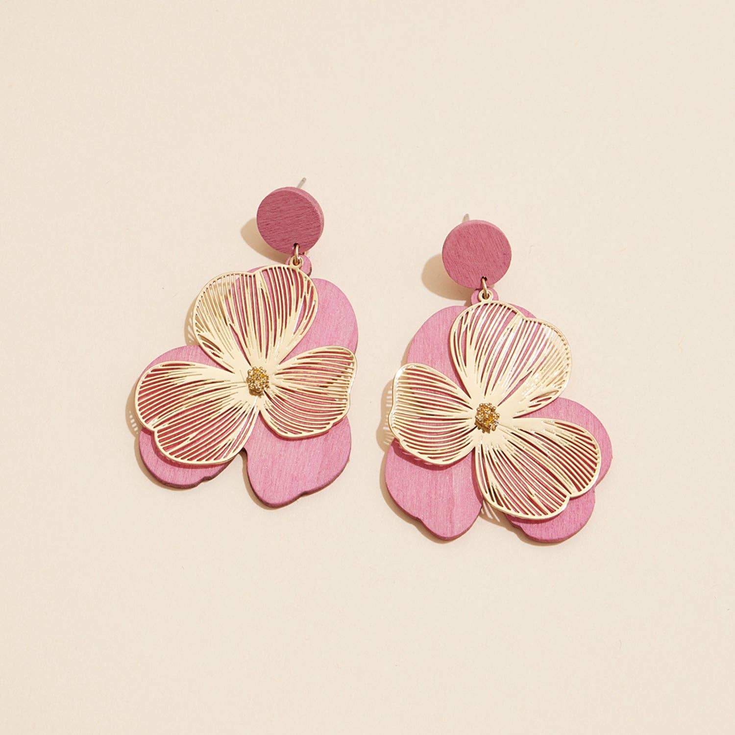 Frem - Wood & Gold Filigree Floral Statement Earrings