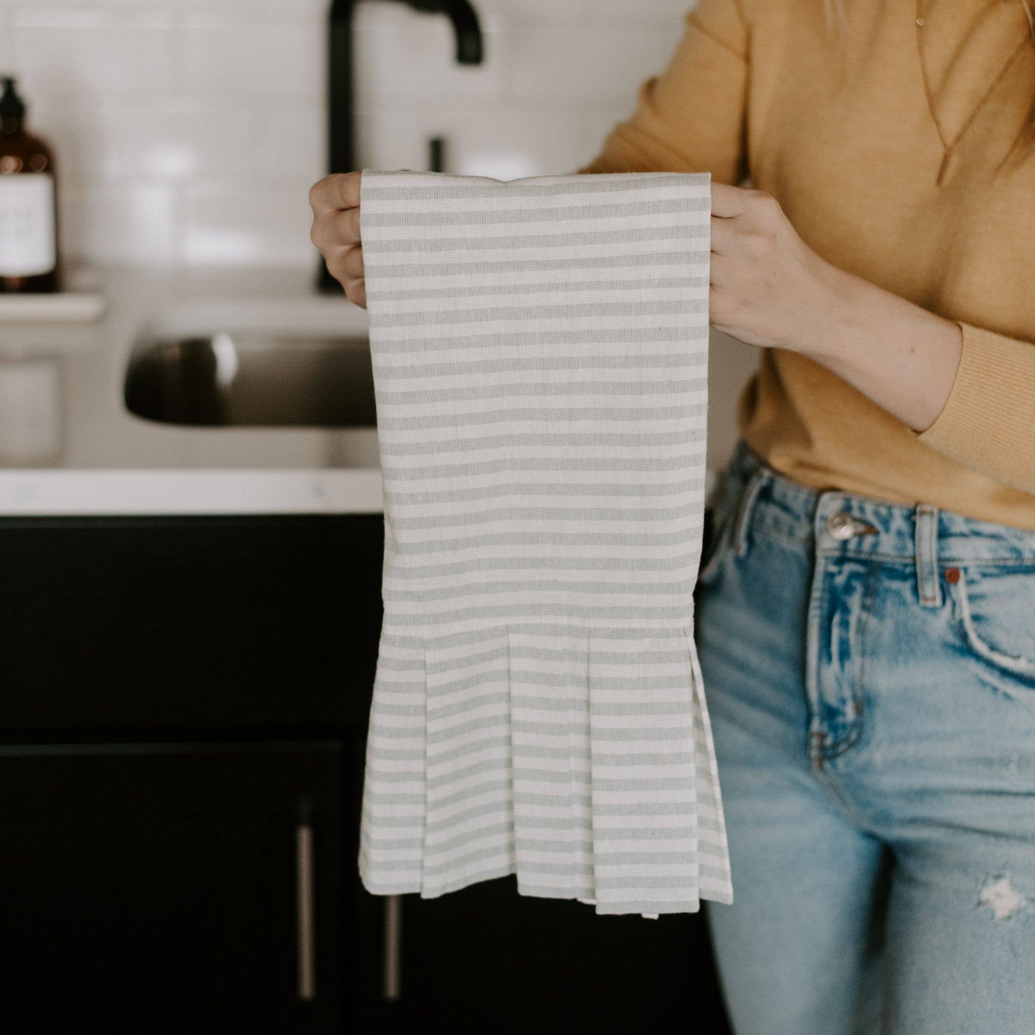 Sweet Water Decor - Striped Hand Towel with Ruffle, Grey - Home Decor & Gifts