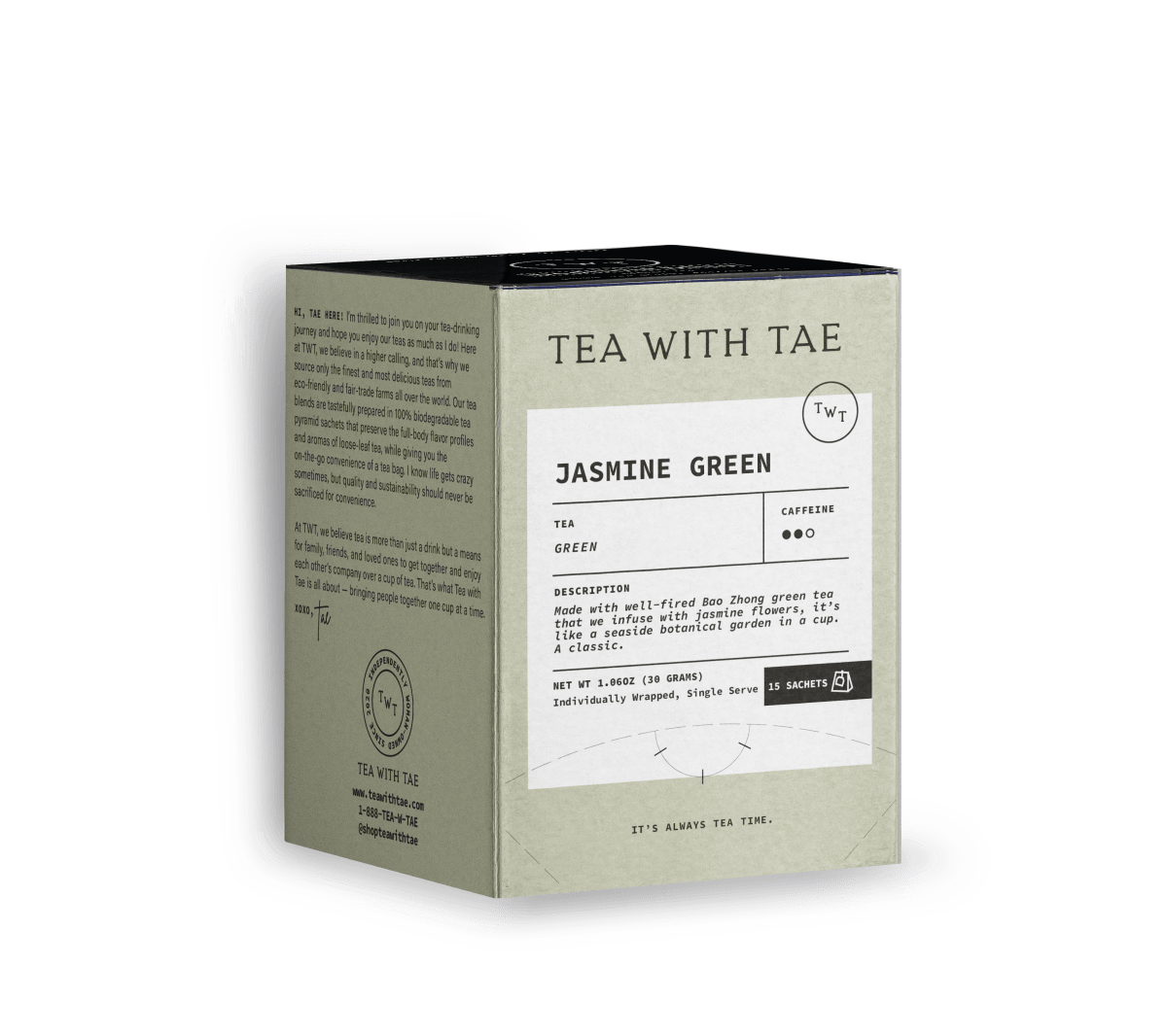 Tea with Tae - Jasmine Green Tea Box (15 wrapped pyramid tea bags)