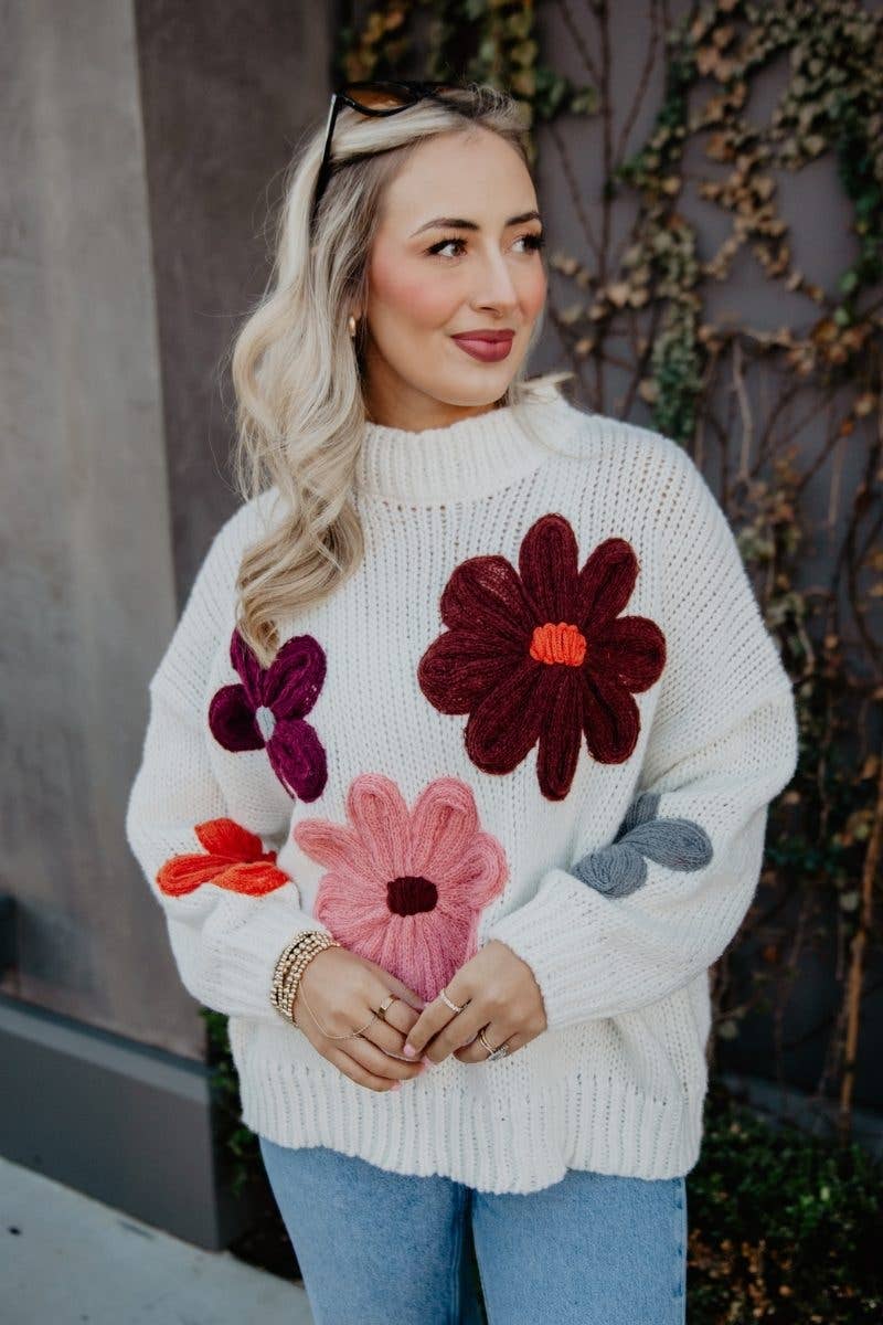 Katydid - White Floral Wholesale Warm Fall Stitched Sweater