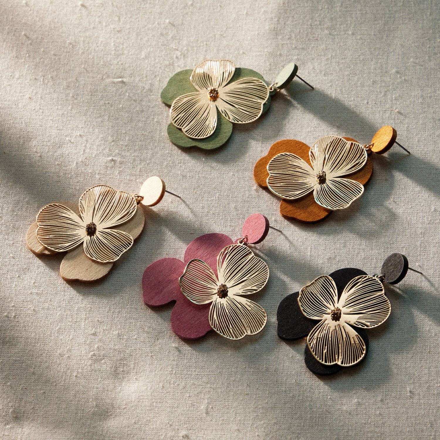 Frem - Wood & Gold Filigree Floral Statement Earrings