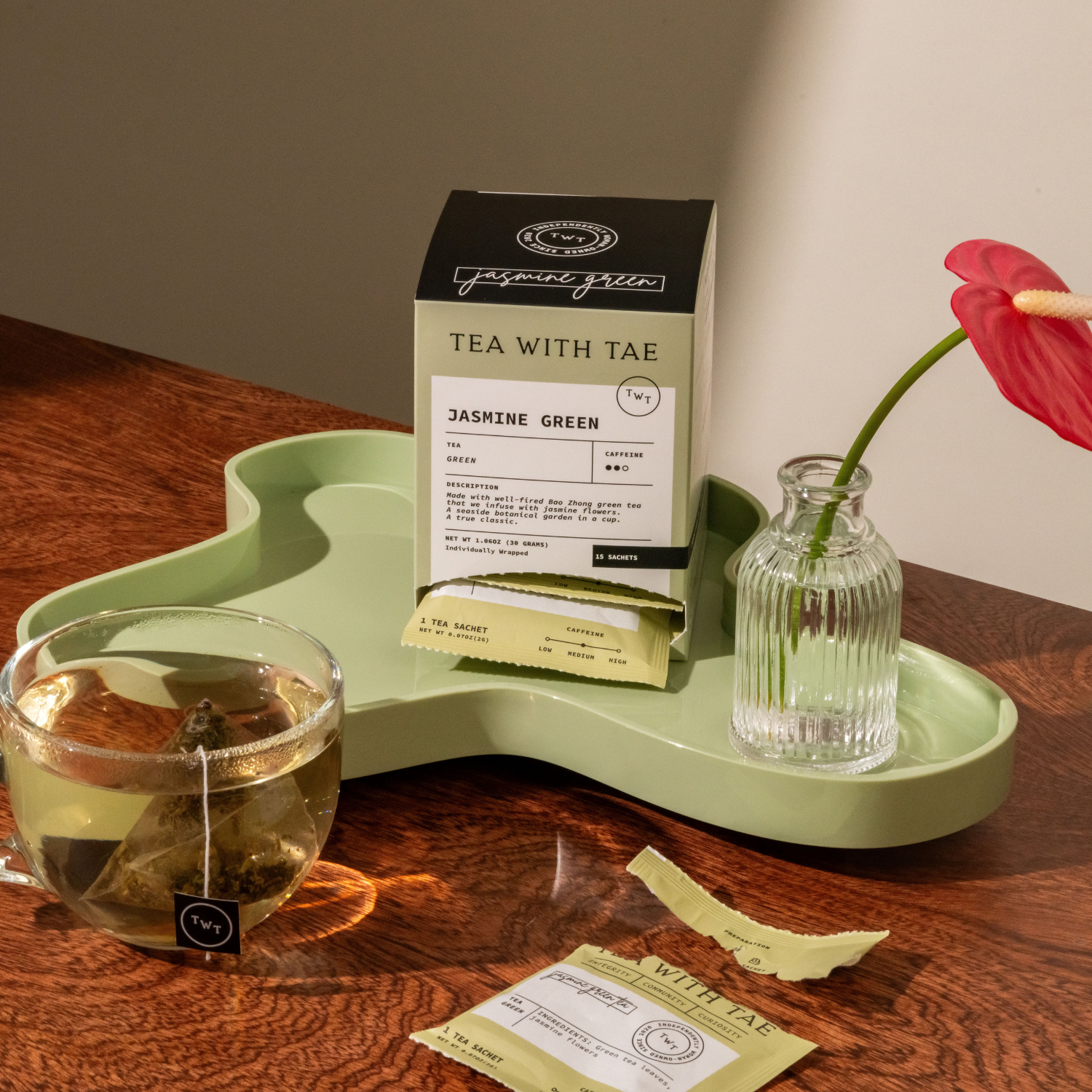 Tea with Tae - Jasmine Green Tea Box (15 wrapped pyramid tea bags)