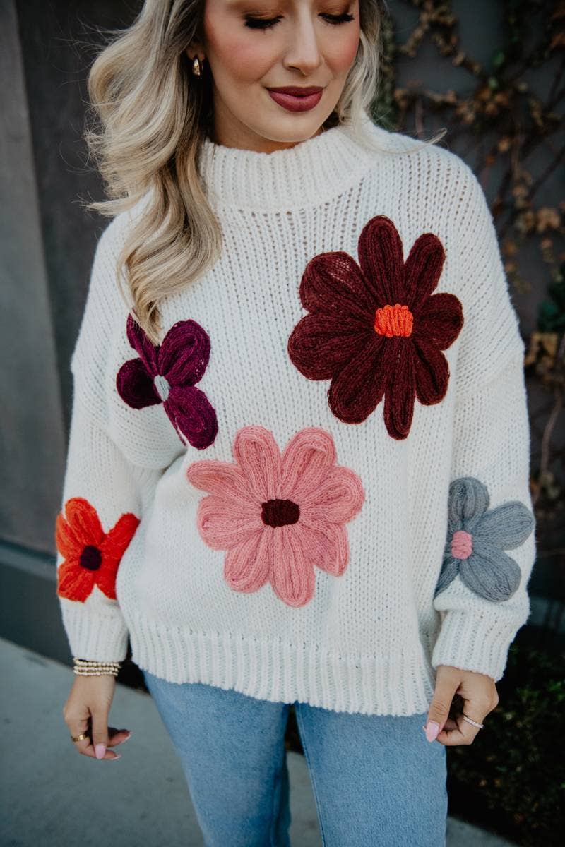 Katydid - White Floral Wholesale Warm Fall Stitched Sweater