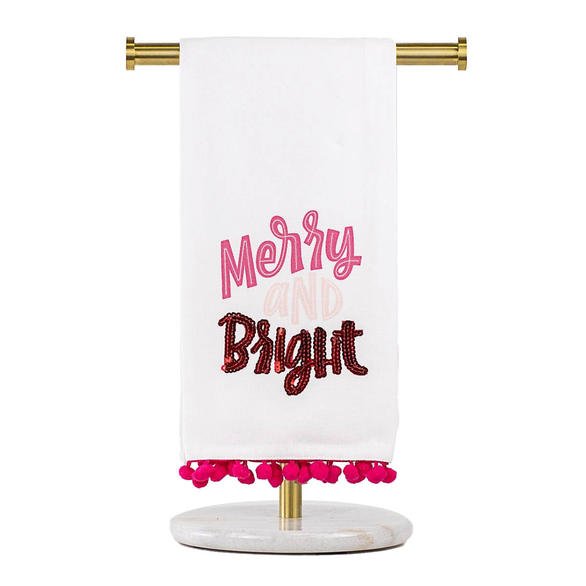 The Royal Standard - Merry & Bright Pom Pom Hand Towel   White/Pink/Red   20x28