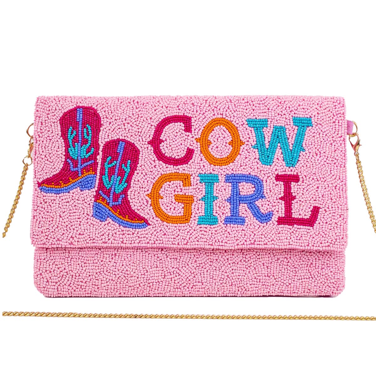 The Royal Standard - Cowgirl Beaded Clutch   Gold/White   6x10