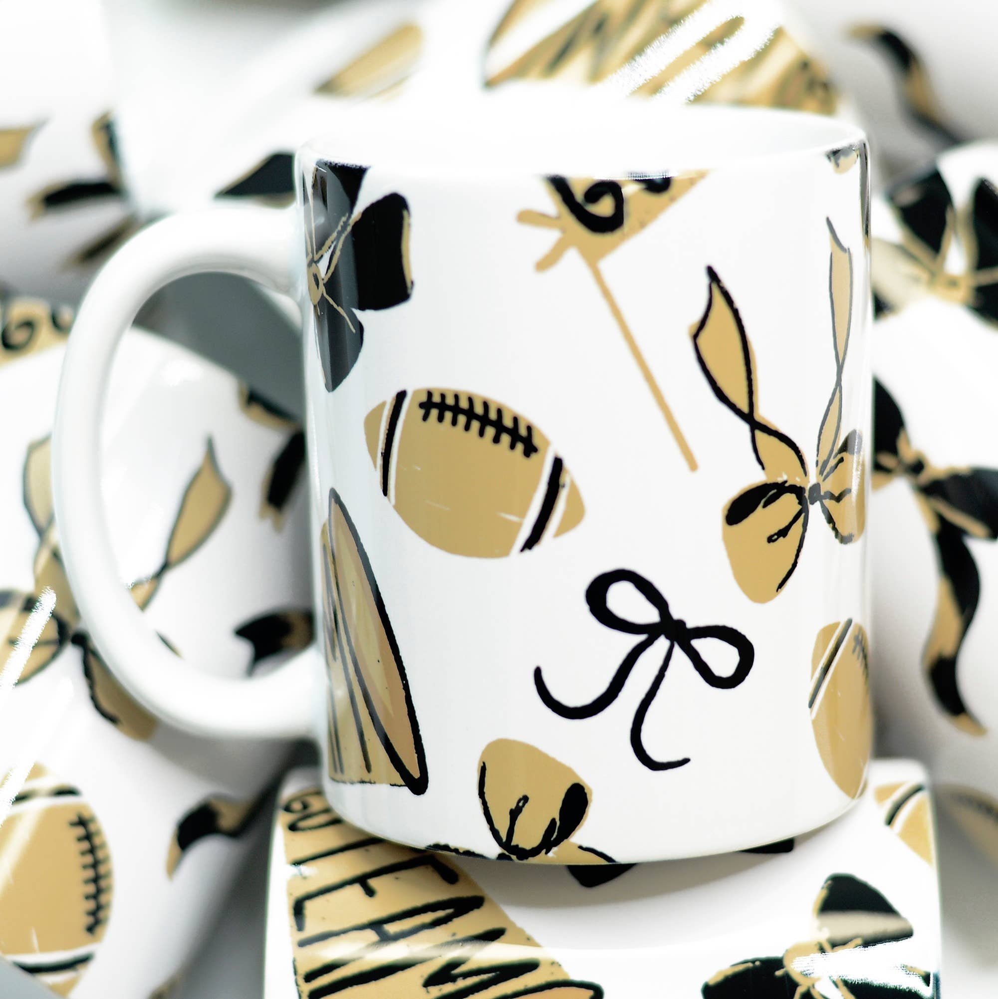 Mugsby - Black Gold Football Ceramic Mug, Coquette Game Day Mug, Sports Mug