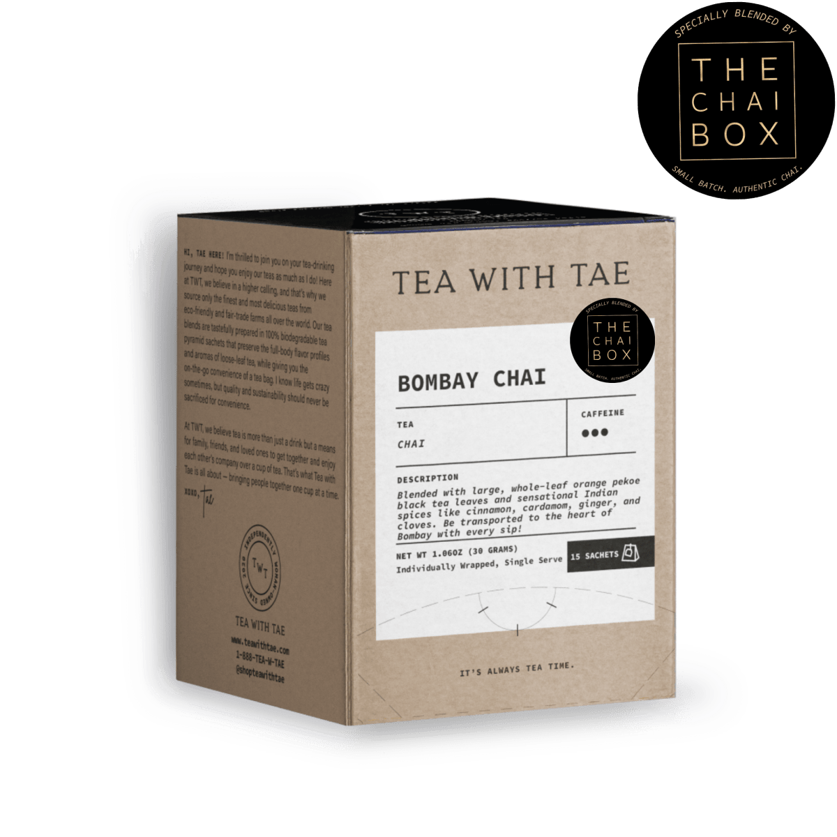 Tea with Tae - Bombay Masala Chai Tea Box (15 wrapped pyramid tea bags)