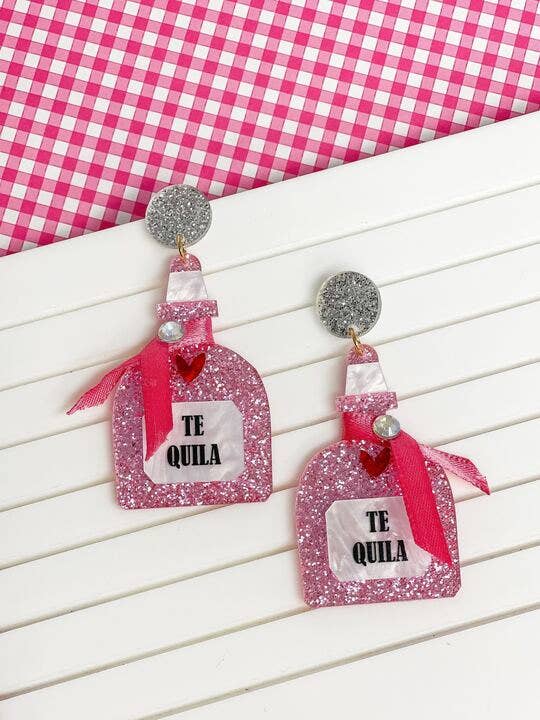 Prep Obsessed Wholesale - Pink Glitter Tequila Dangle Earrings