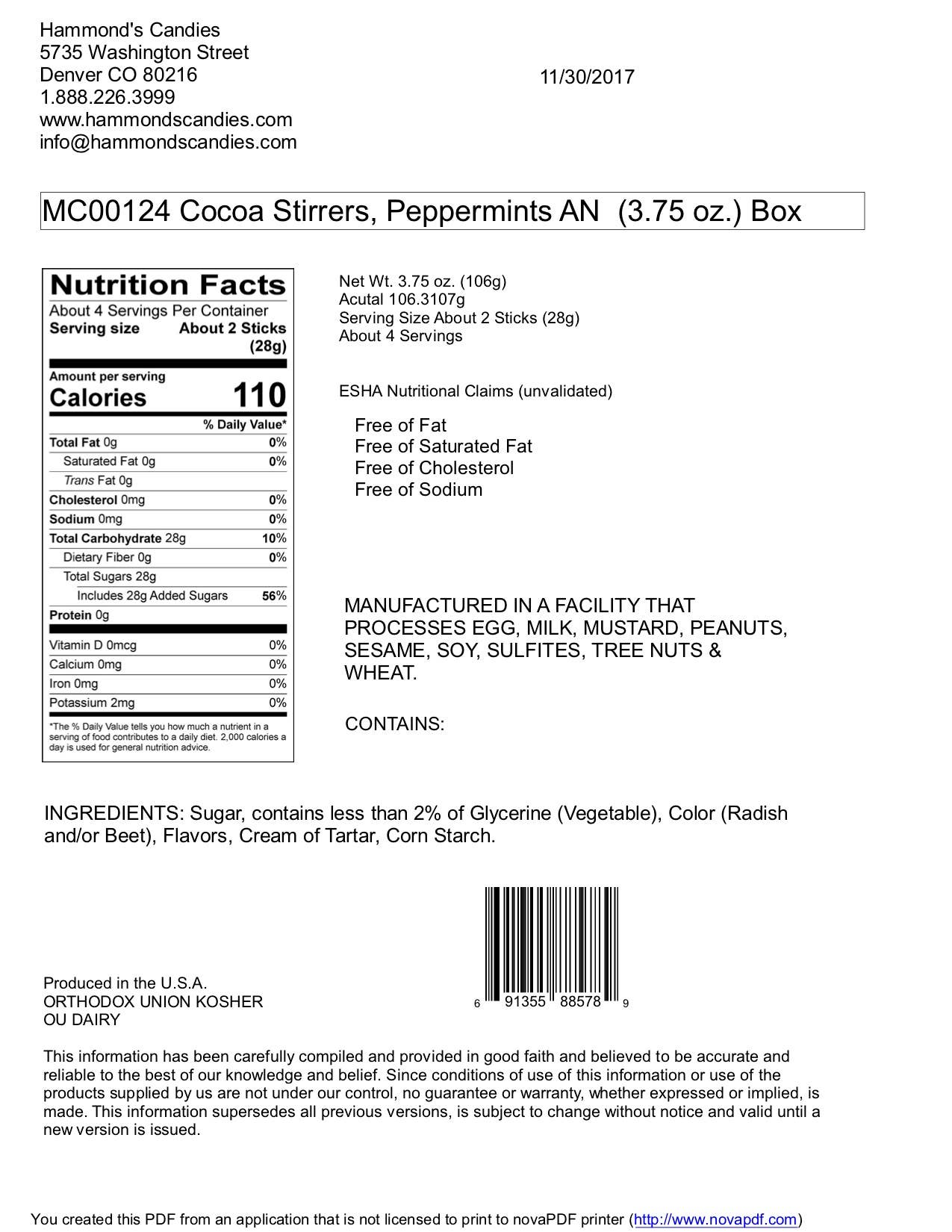 Hammond's Candies - All-Natural Peppermint Cocoa Stirrers -16 Box POP Display