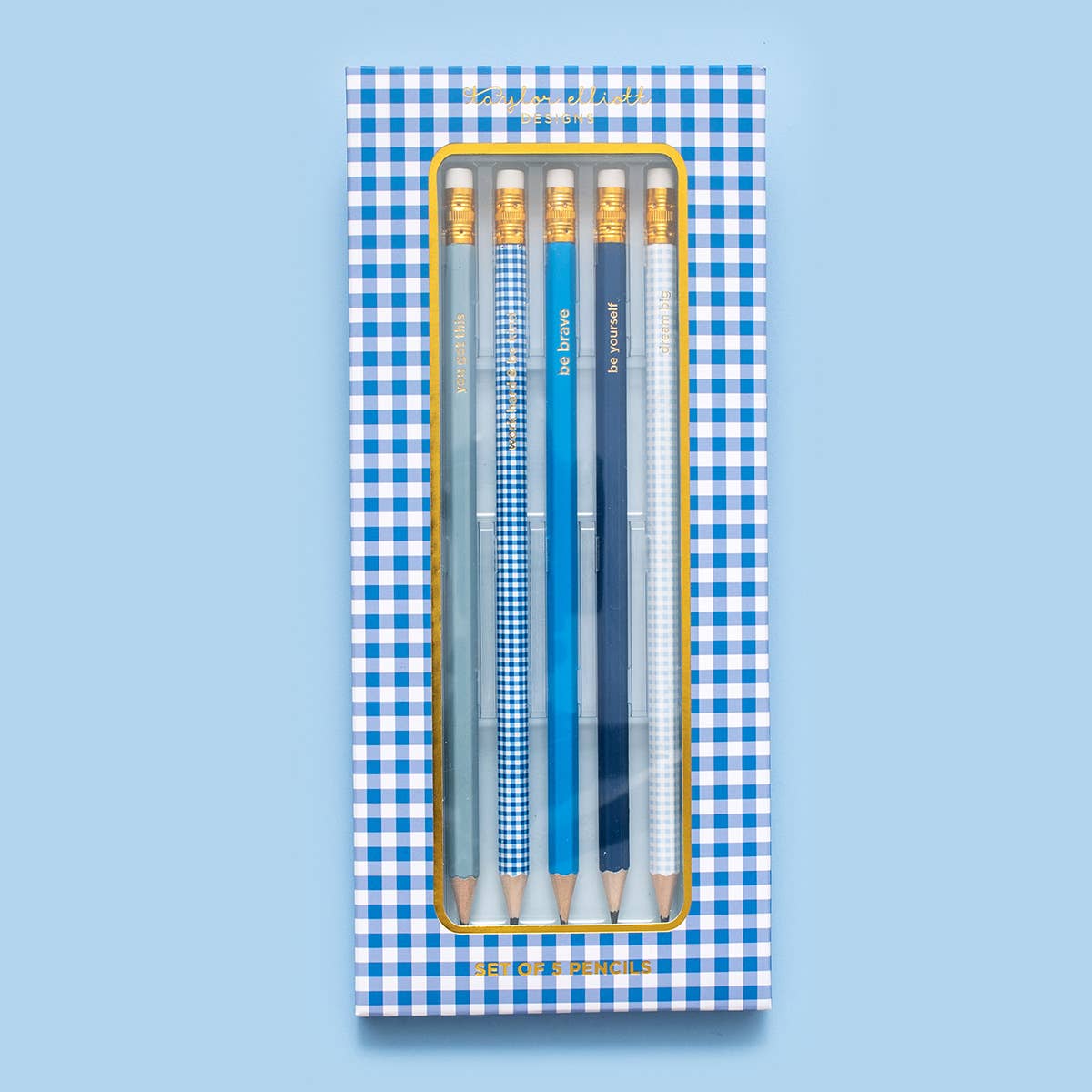 Taylor Elliott Designs - Pencil Set - Motivational - Asst Blues + Gingham - 5 Pc Set