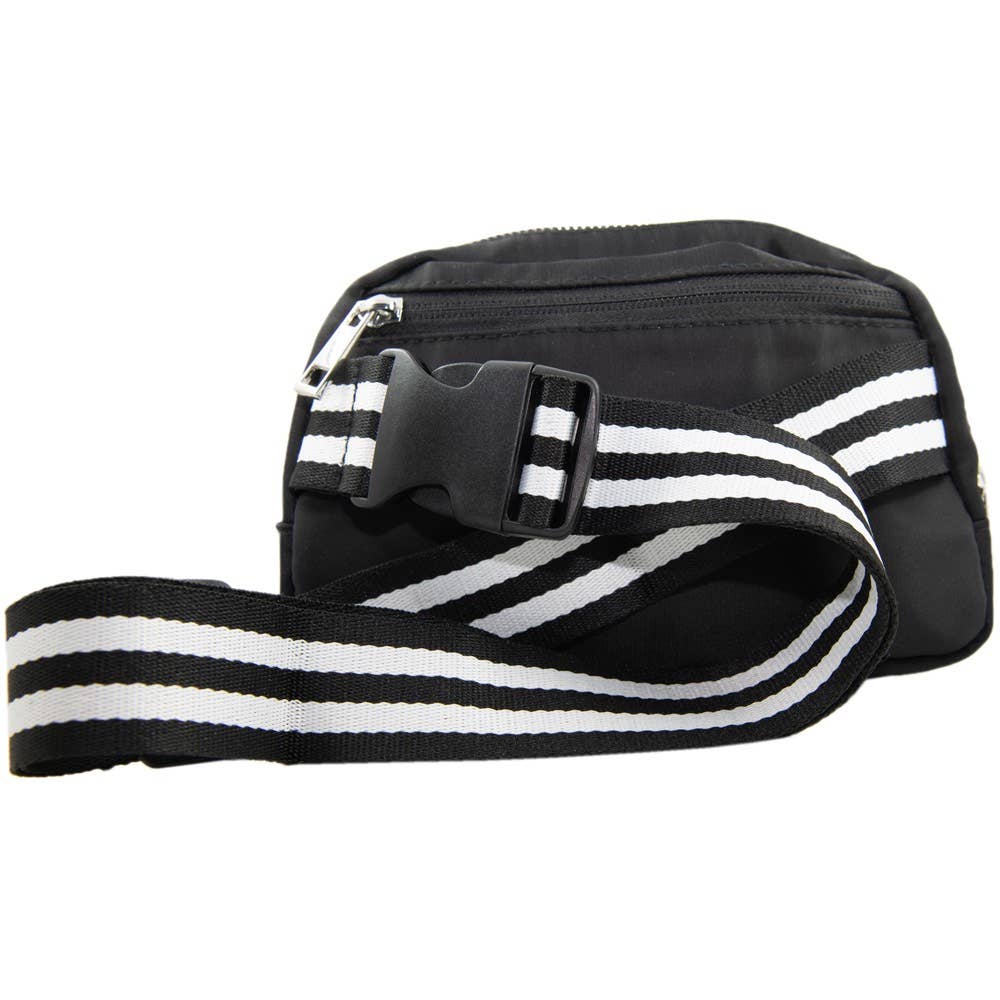 Katydid - Black Solid Belt Bag with Striped Strap