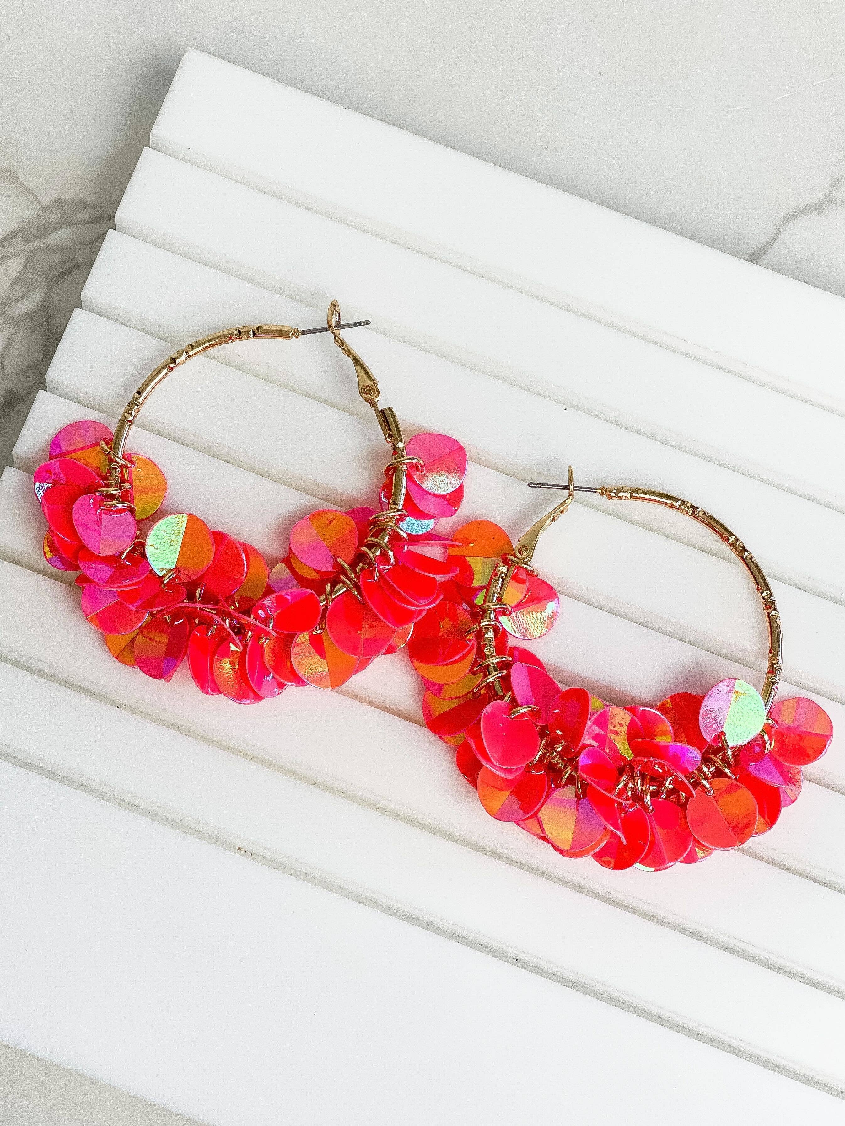 Prep Obsessed Wholesale - Gold Sequin Hoop Earrings - Bright Pink
