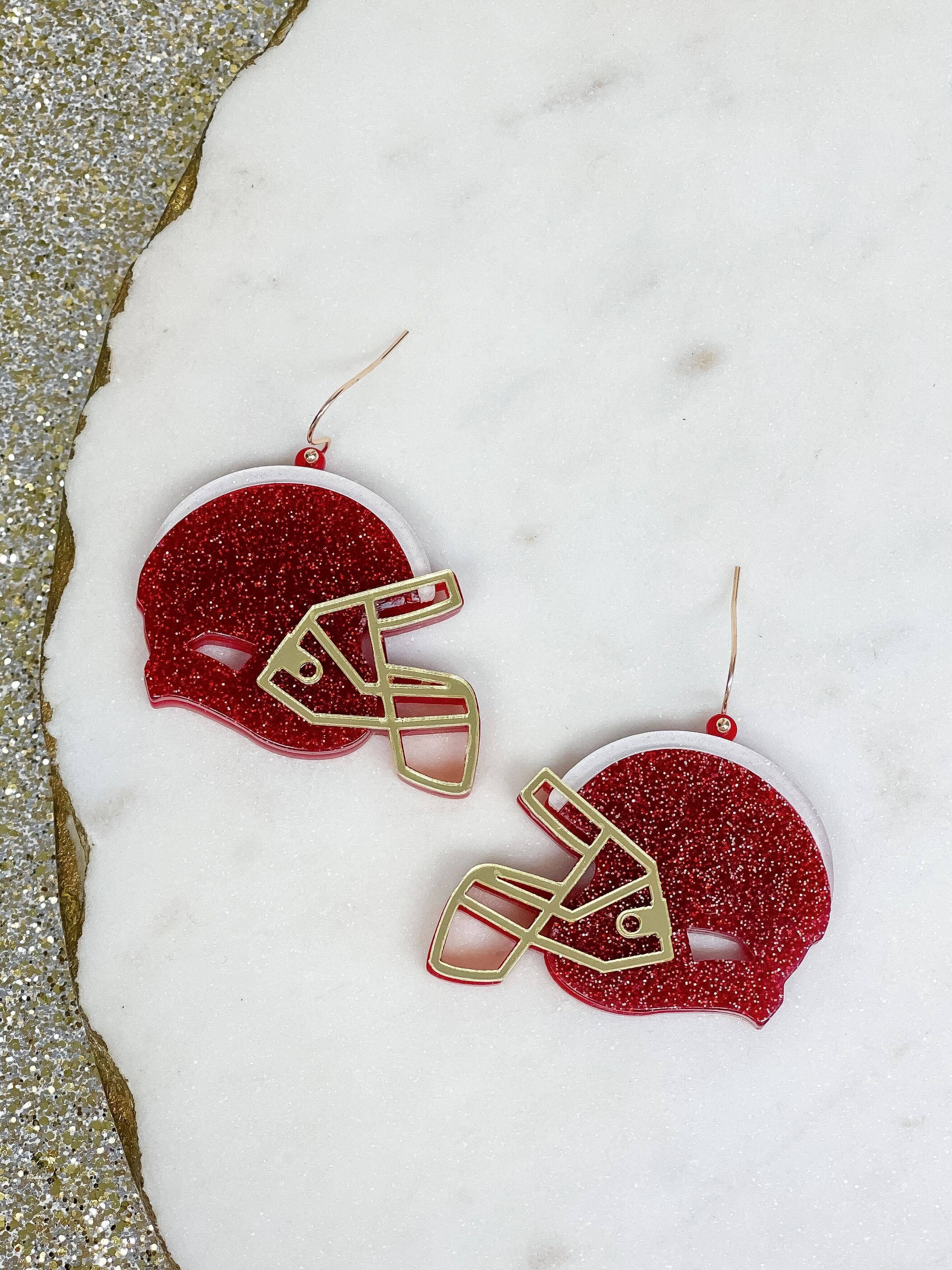Prep Obsessed Wholesale - Glitter Football Helmet Dangle Earrings - Maroon