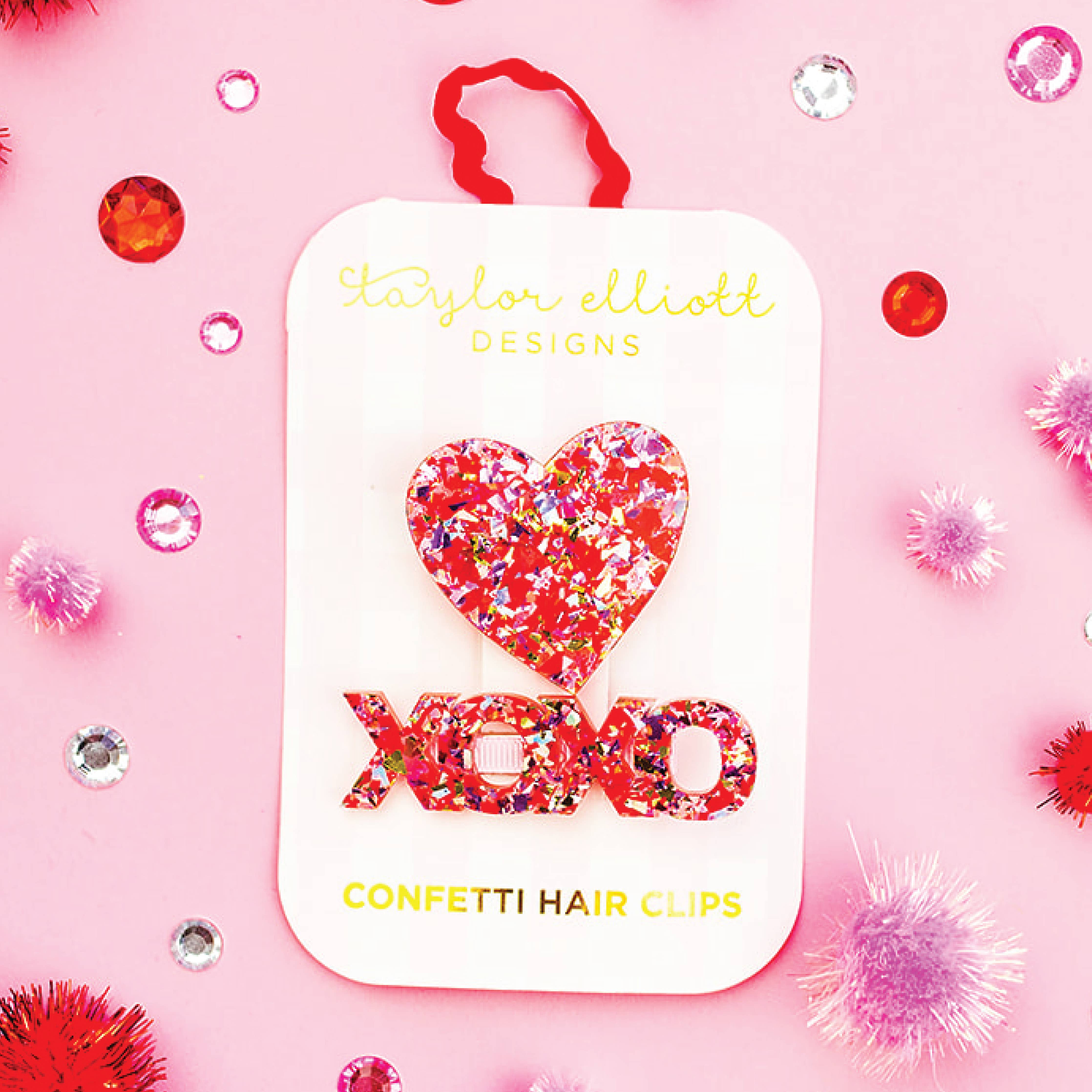 Taylor Elliott Designs - Hair Clip Set - Heart + XOXO - Red + Pink Confetti