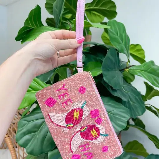 Prep Obsessed Wholesale - 'Yeehaw' Pink Boots Beaded Zip Wristlet