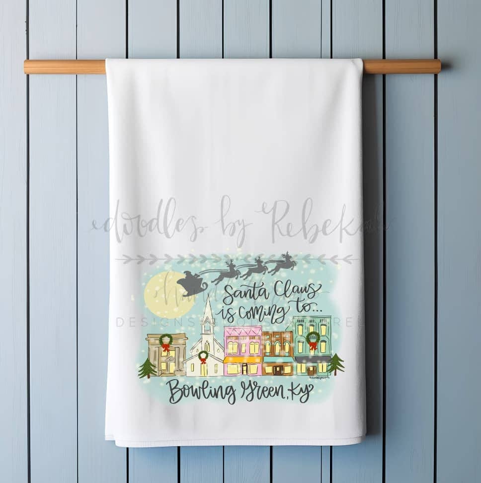 Doodles By Rebekah - Santa Claus is Coming to Custom Town Tea Towel