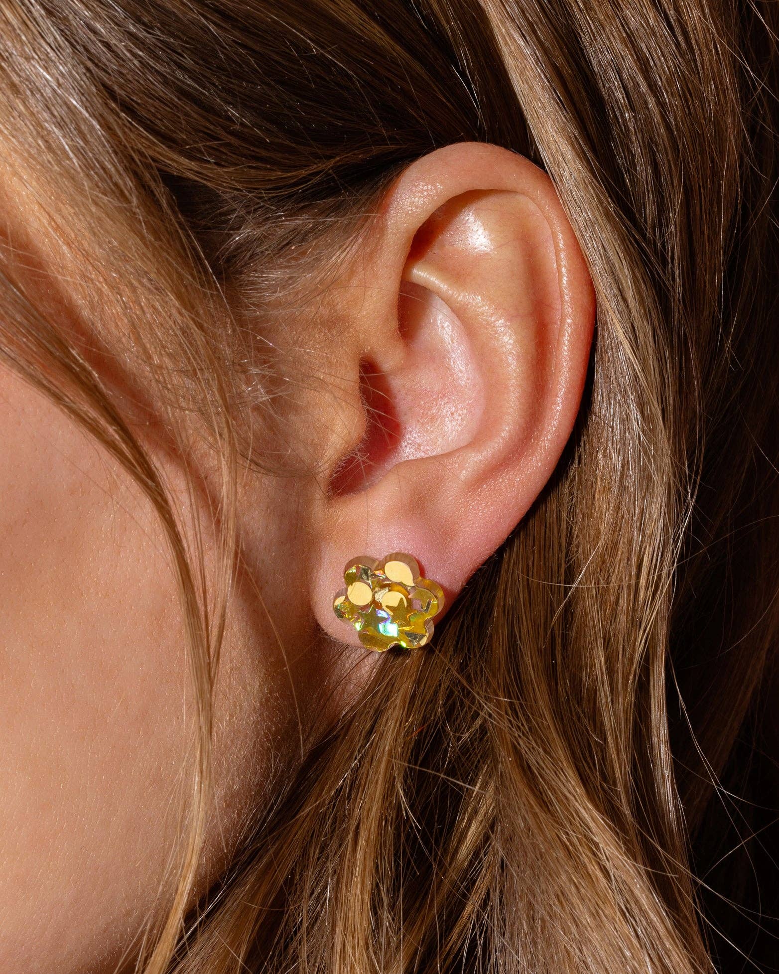 Taylor Elliott Designs - Stud Earrings - Acrylic Flowers - Gold Confetti