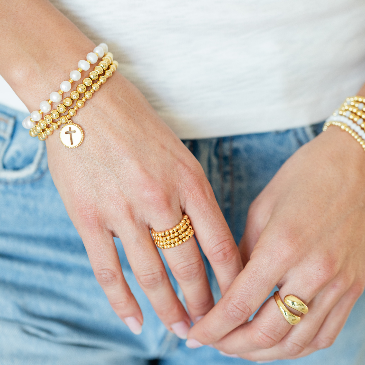Splendid Iris - Beaded Stretch Bracelet with Cut-Out Cross Charm