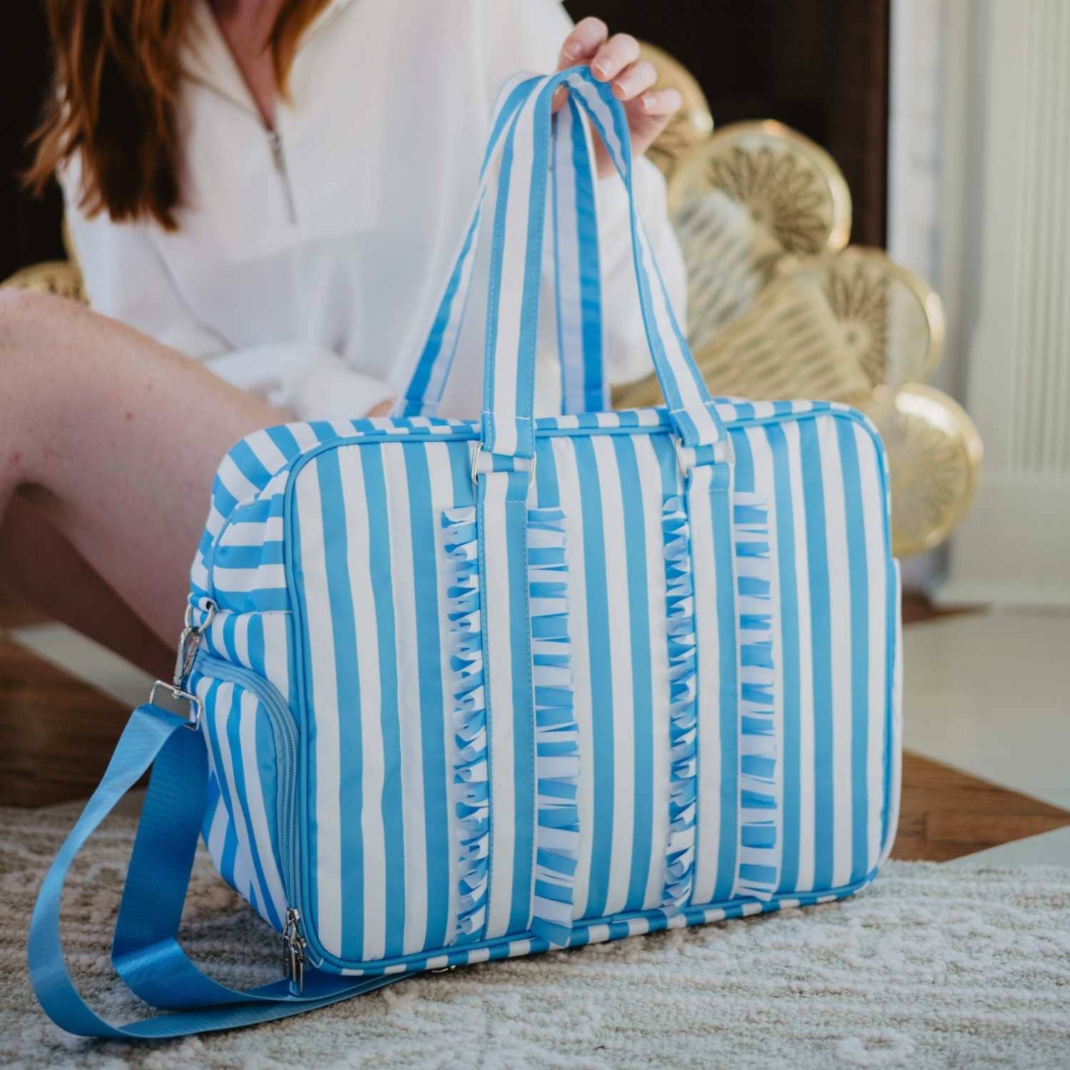 Katydid - Blue Stripe Ruffle Overnight Bag