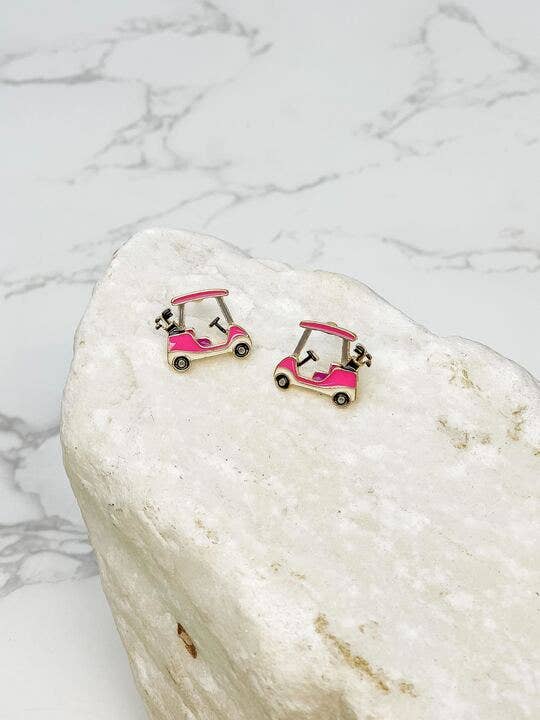 Prep Obsessed Wholesale - Pink Golf Cart Signature Enamel Stud Earrings