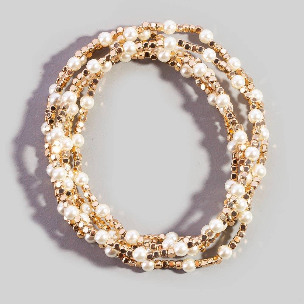 Anarchy Street - Pearl Gold Cube Bead Stretch Bracelet Set