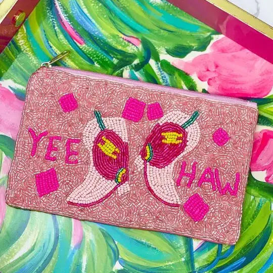 Prep Obsessed Wholesale - 'Yeehaw' Pink Boots Beaded Zip Wristlet