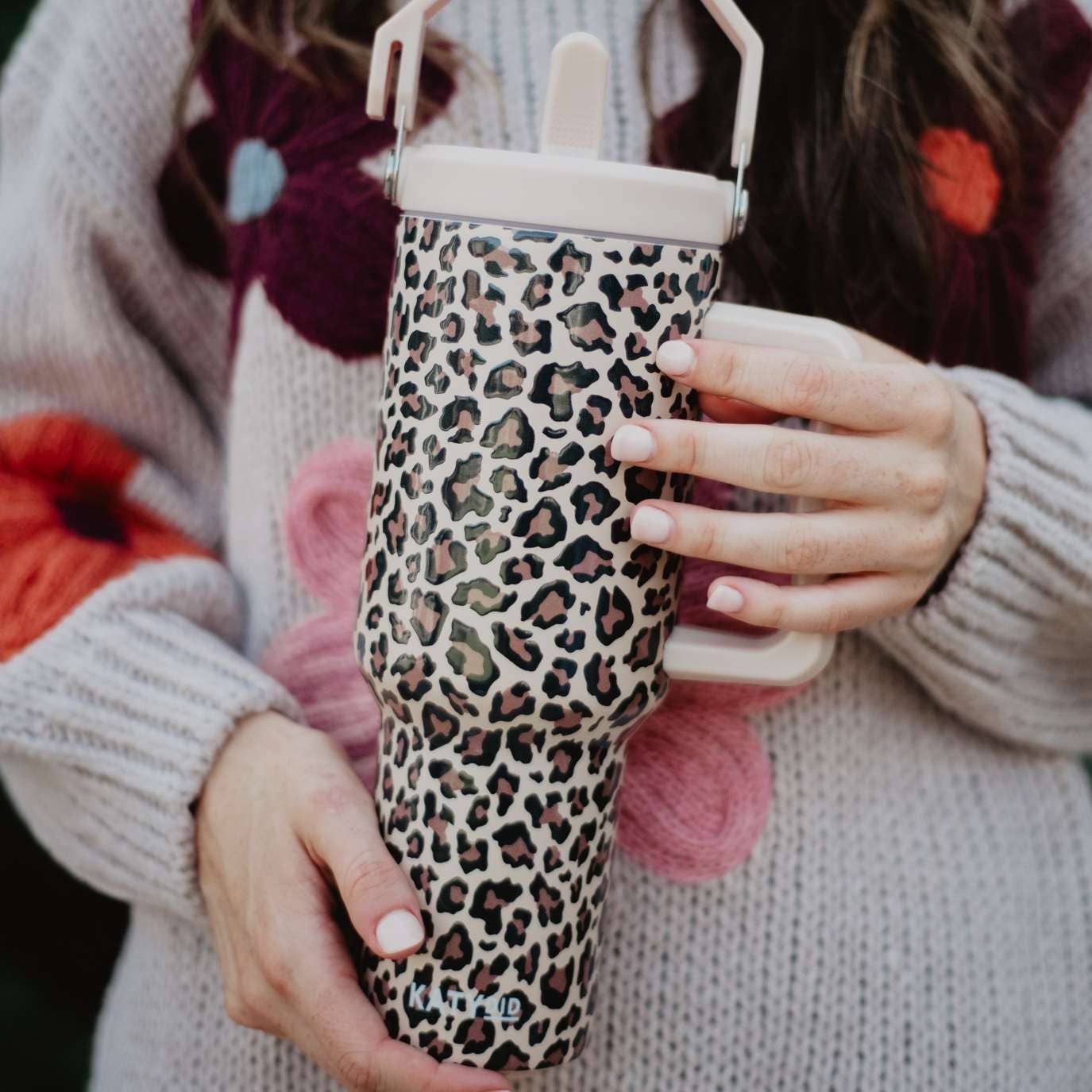 Katydid - Brown Leopard Metal Tumbler with Lid Handle