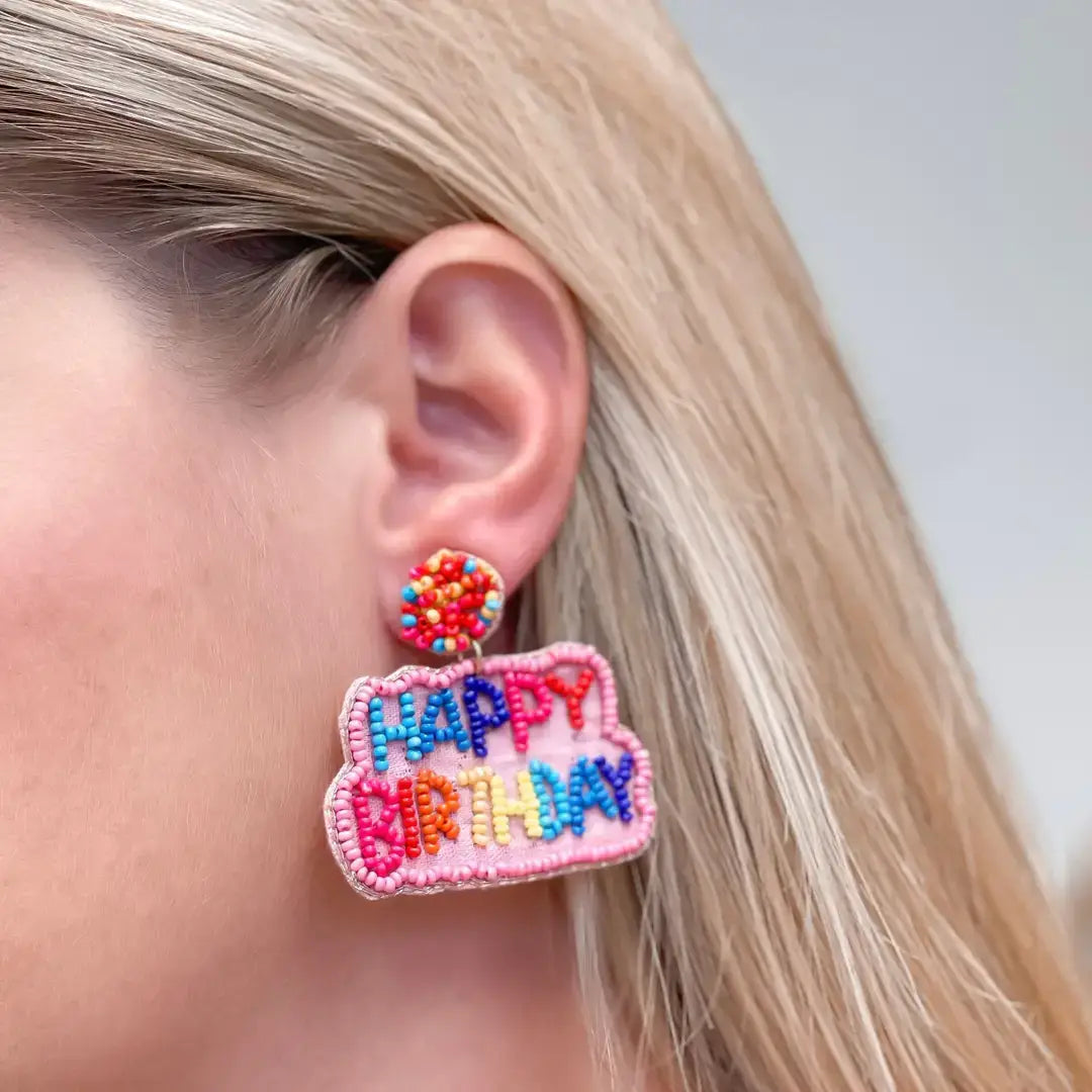 Prep Obsessed Wholesale - 'Happy Birthday' Seed Bead Embroidered Dangle Earrings