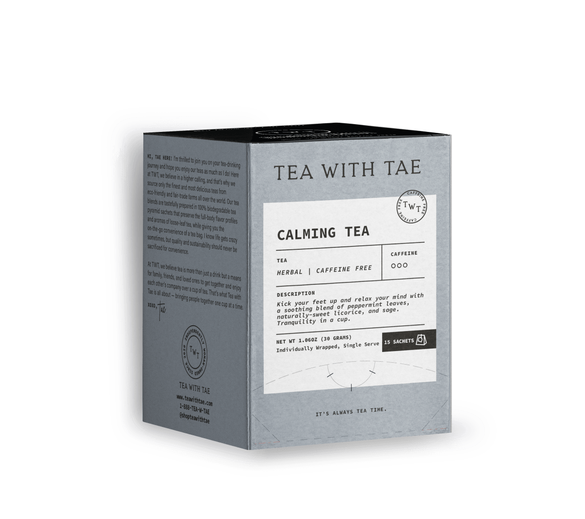 Tea with Tae - Calming Herbal Tea Box (15 wrapped pyramid tea bags)