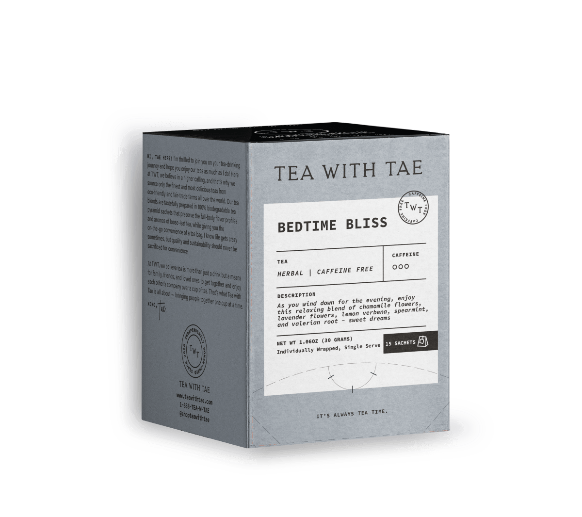 Tea with Tae - Bedtime Bliss Sleep Tea Box (15 wrapped pyramid tea bags)