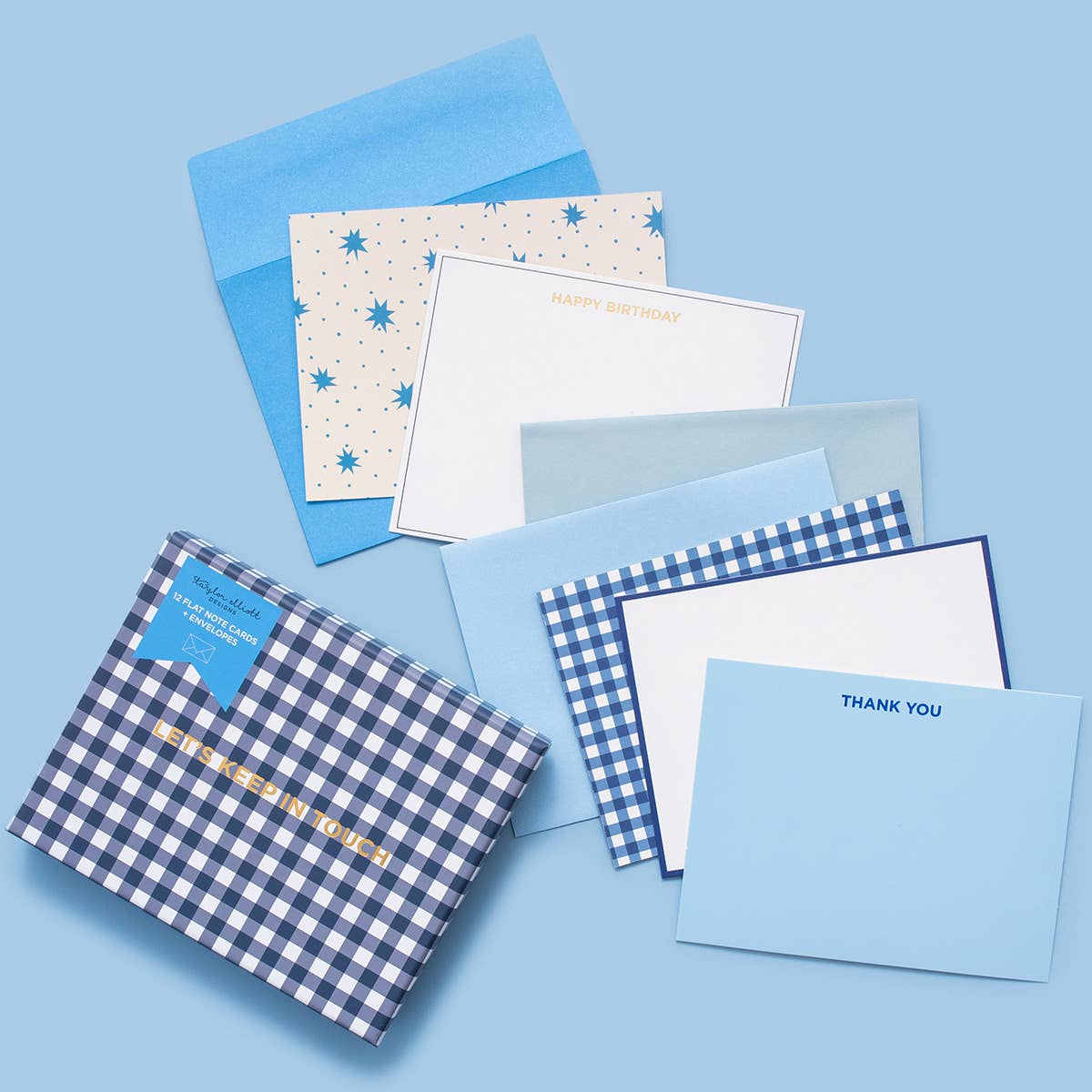 Taylor Elliott Designs - Boxed Greeting Cards - 12 Asst Cards - Stars + Blue Gingham