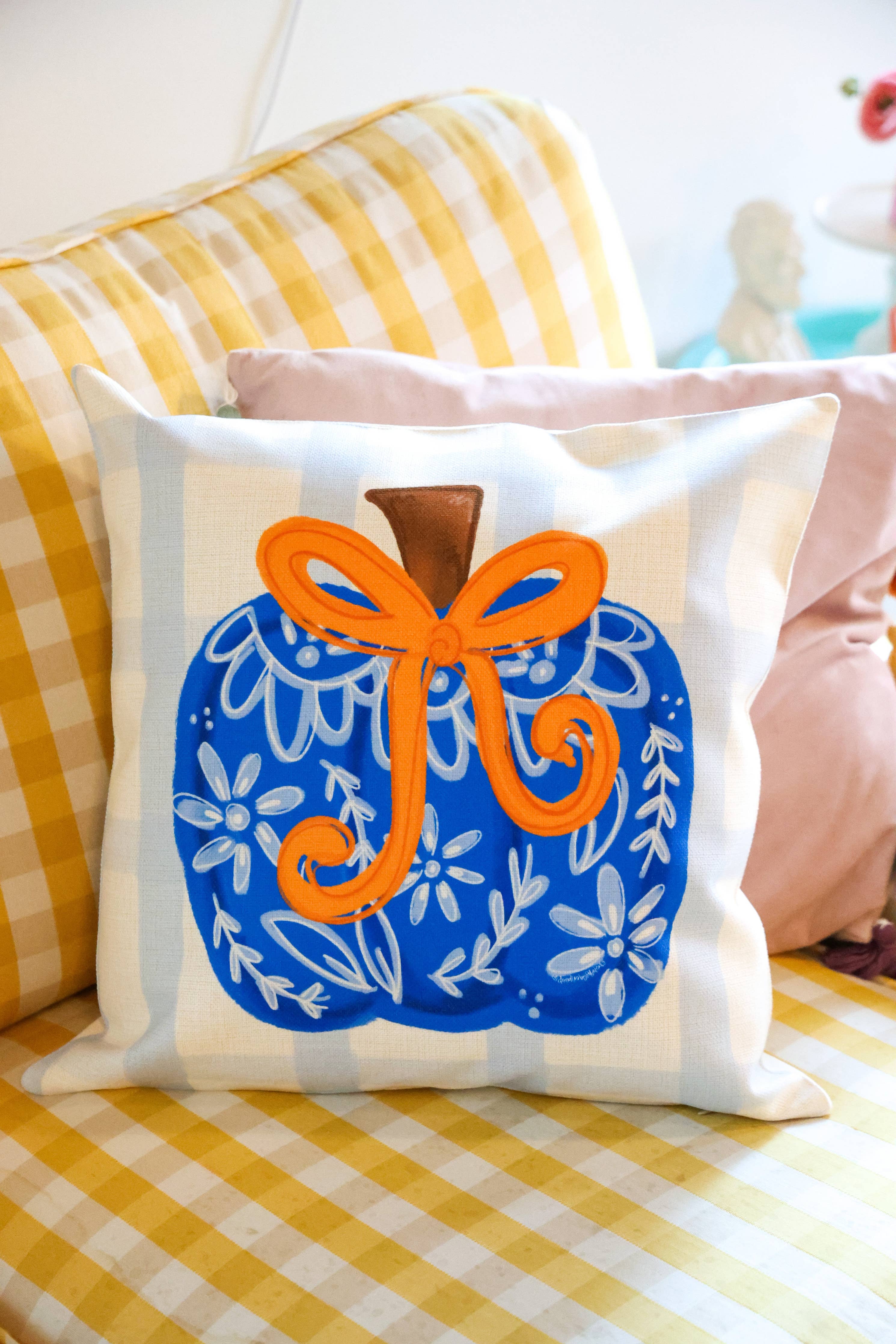 Doodles By Rebekah - Blue Chinoiserie Bow Pumpkin Square Pillow