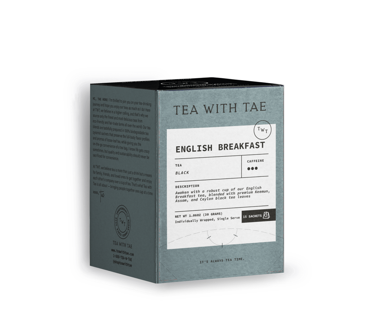 Tea with Tae - English Breakfast Tea Box (15 wrapped pyramid tea bags)