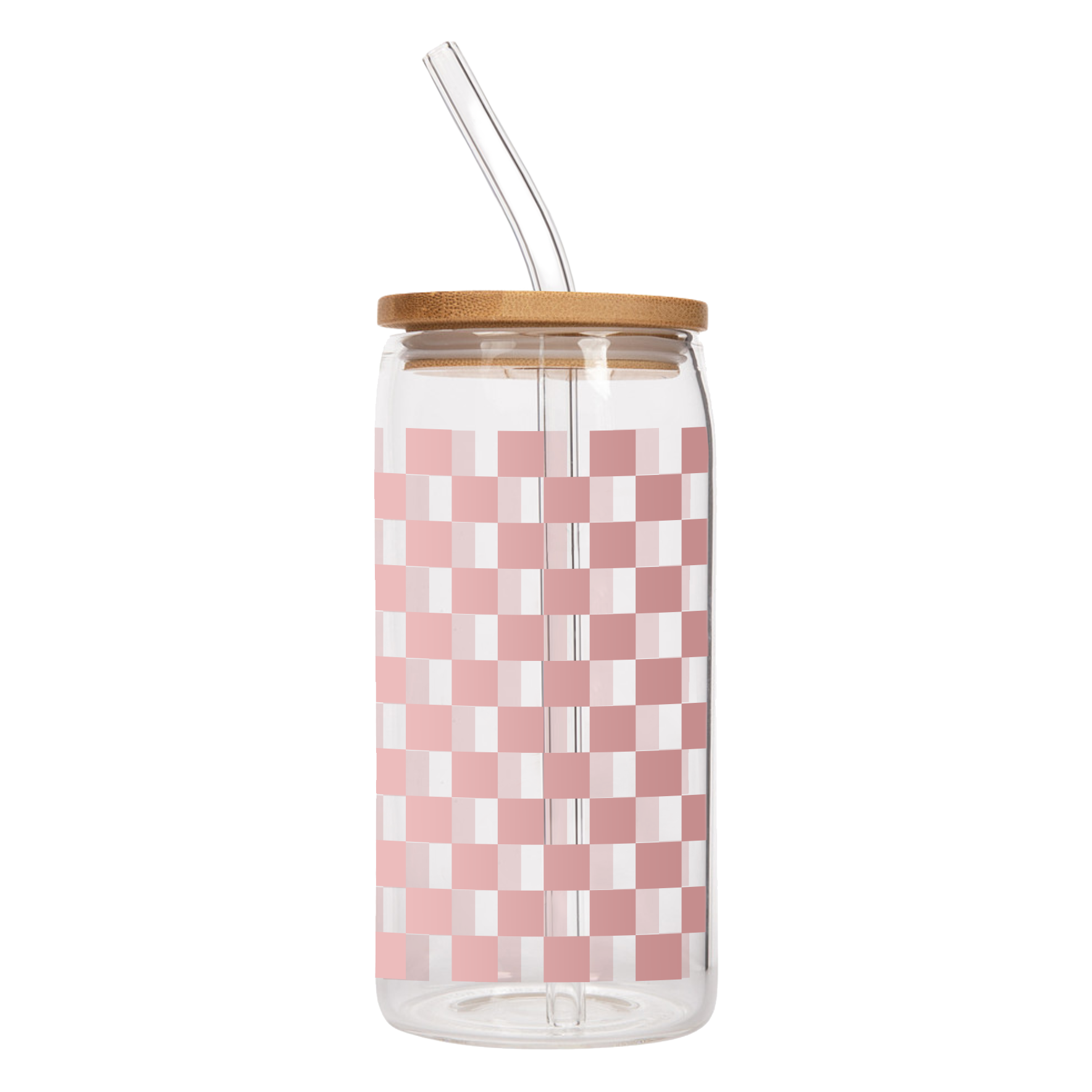 Sweet Water Decor - Pink Checkered 17 oz Can Glass w/ Straw and Lid - Decor