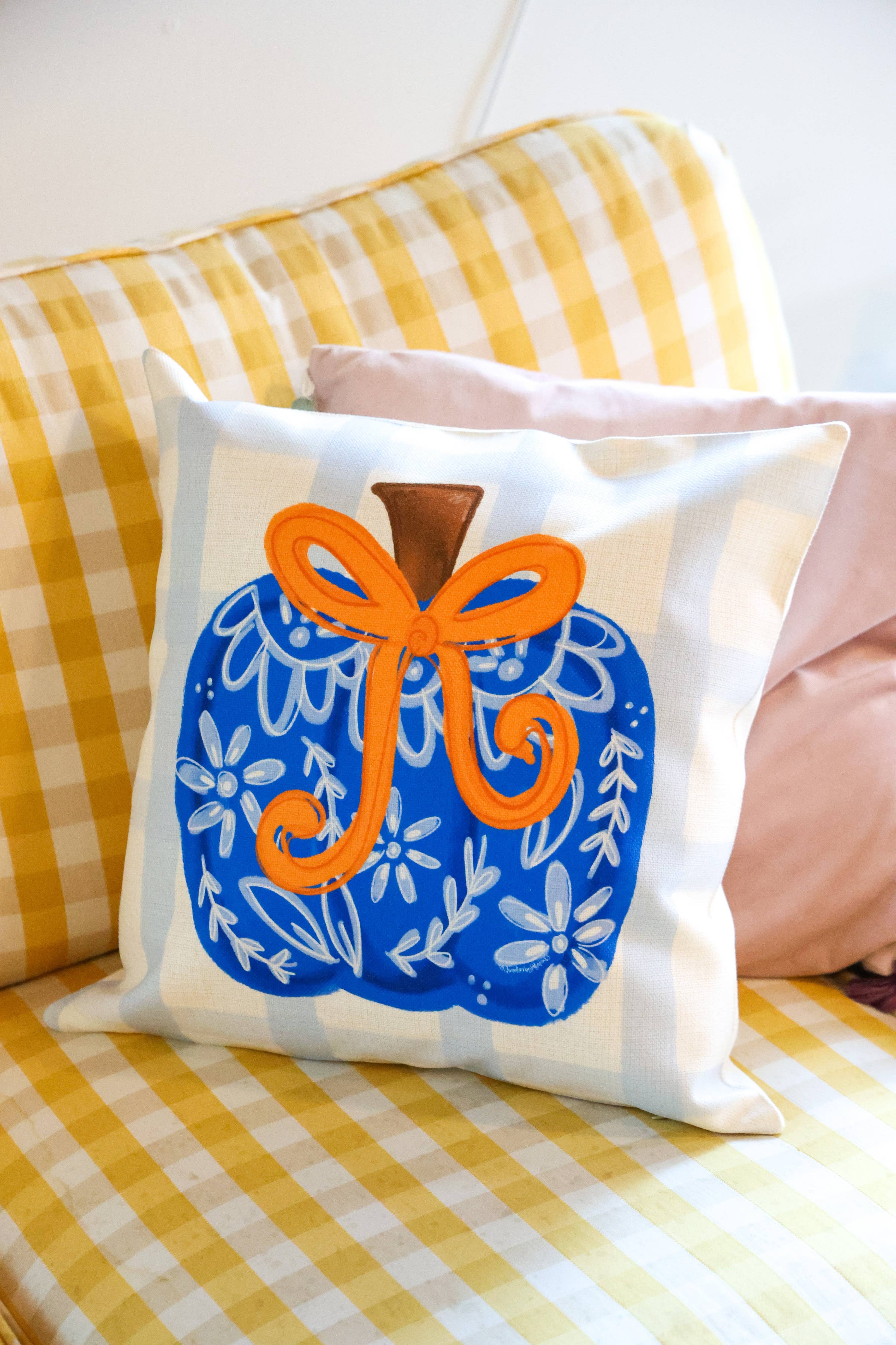 Doodles By Rebekah - Blue Chinoiserie Bow Pumpkin Square Pillow
