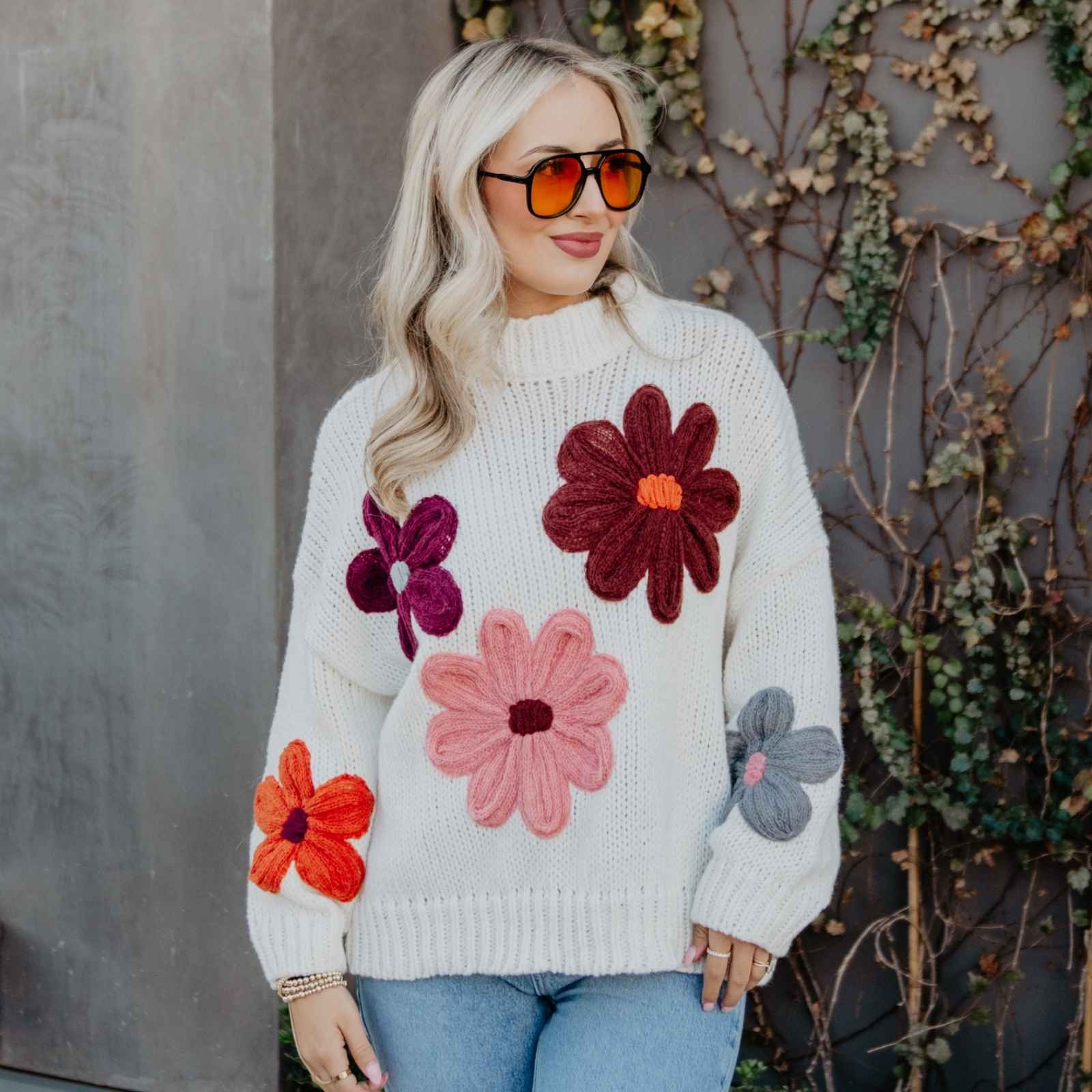 Katydid - White Floral Wholesale Warm Fall Stitched Sweater