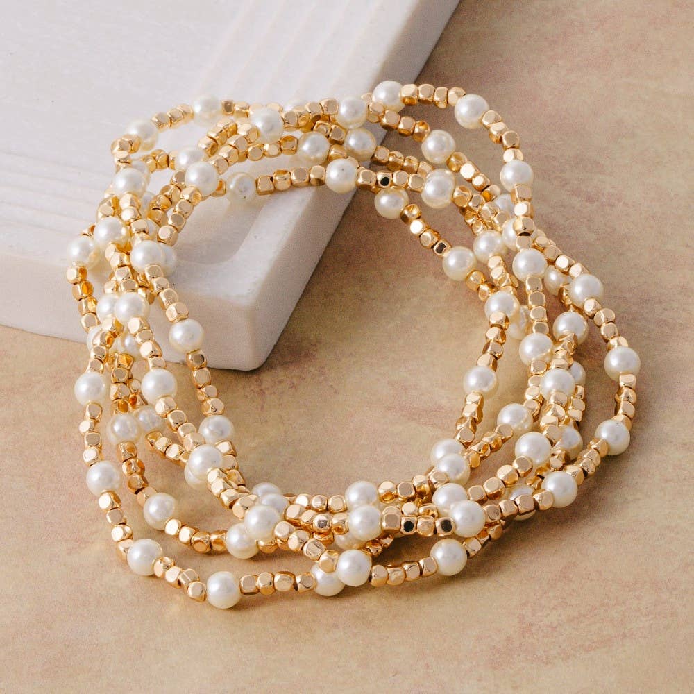Anarchy Street - Pearl Gold Cube Bead Stretch Bracelet Set