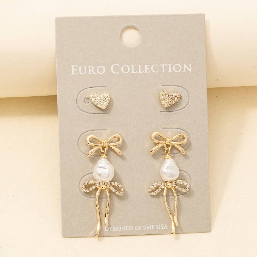 Anarchy Street - Pave Heart Pearl Ribbon Bow Stud Earrings Set
