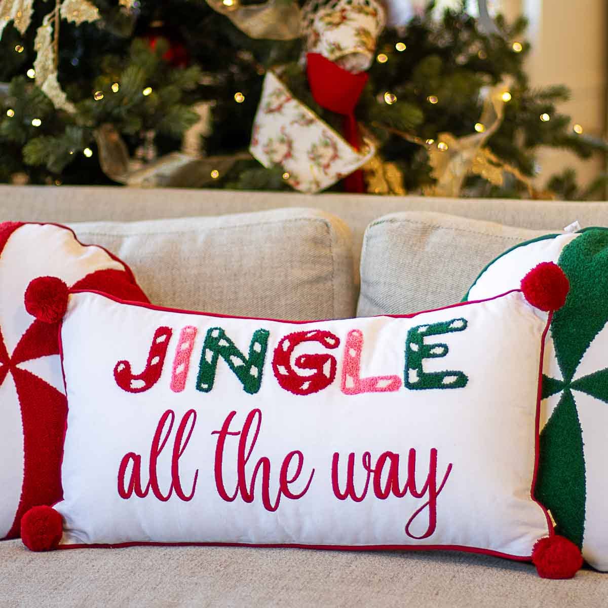 The Royal Standard - Jingle All The Way Lumbar Pillow   Soft White/Red   24x13