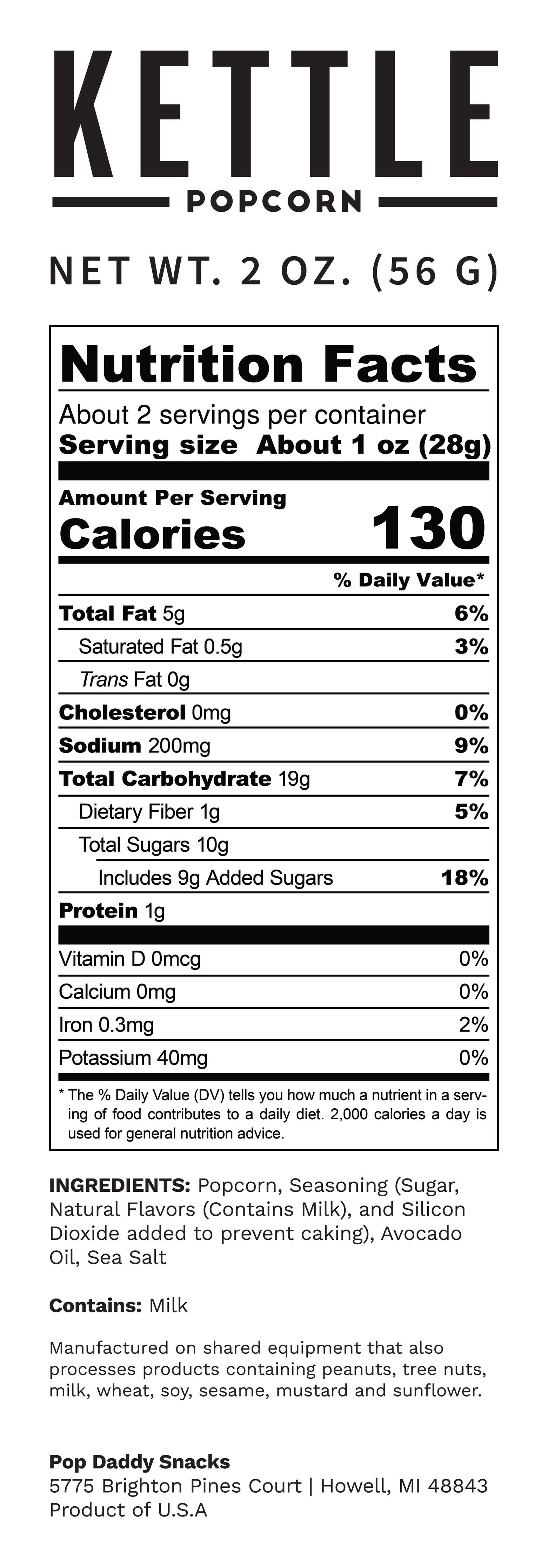 Pop Daddy Snacks - Flavored Popcorn - 2oz - Kettle Corn (NEW 12CT)