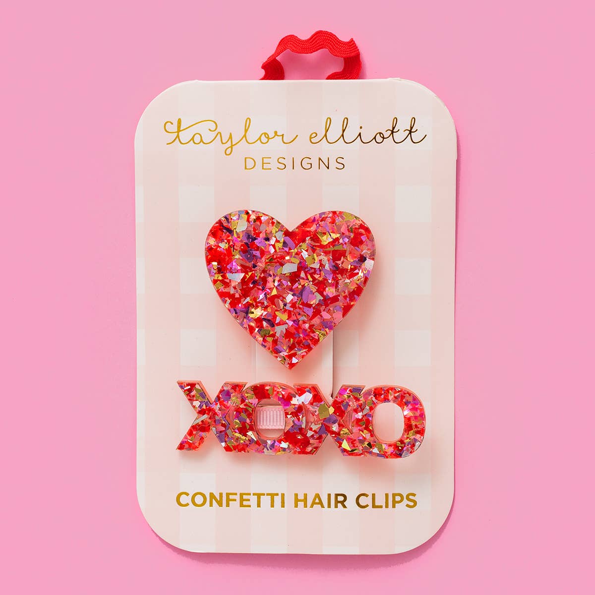 Taylor Elliott Designs - Hair Clip Set - Heart + XOXO - Red + Pink Confetti