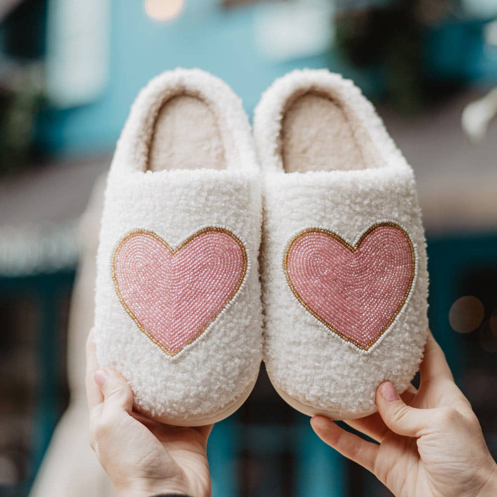 Katydid - Beaded Pink & Gold Heart Slippers