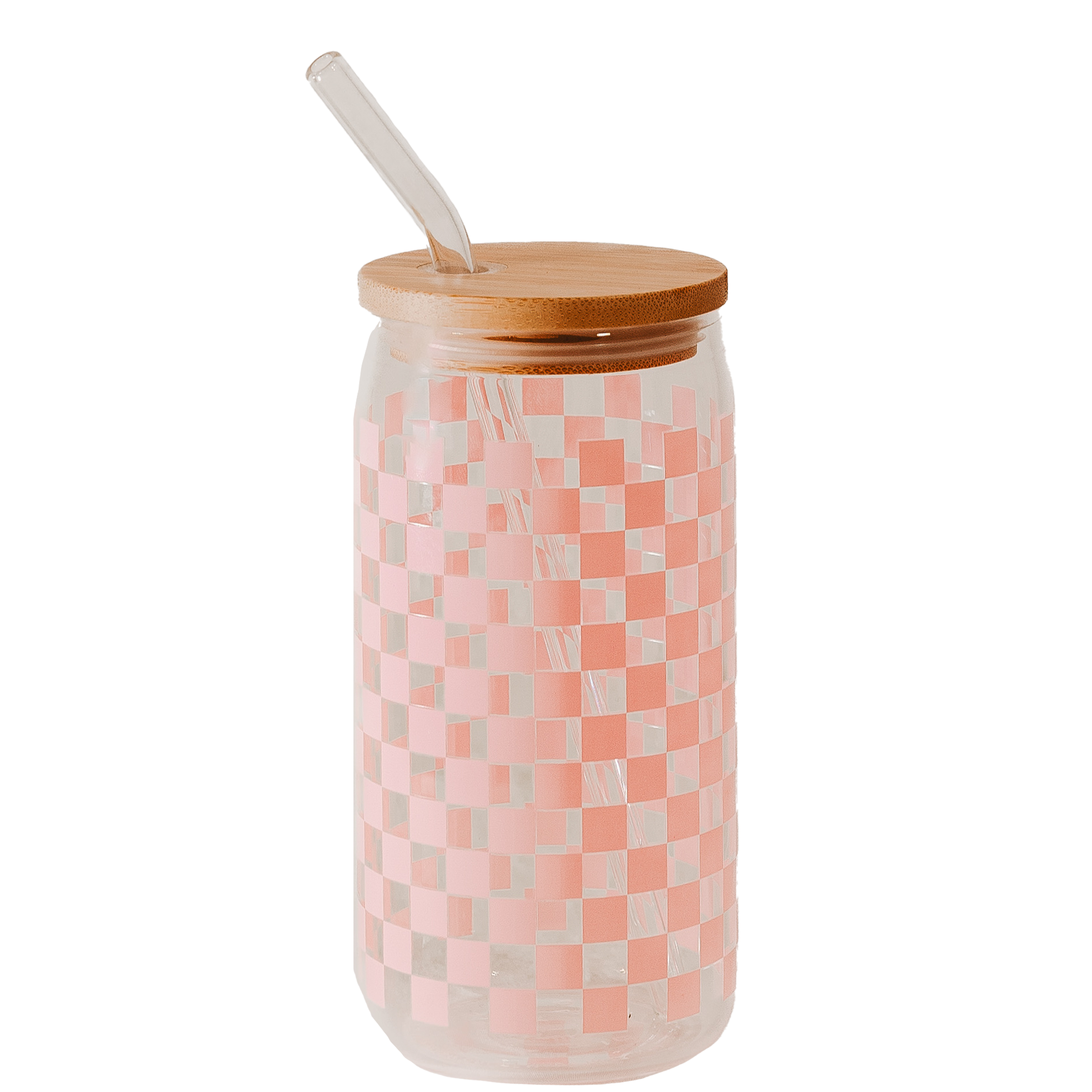 Sweet Water Decor - Pink Checkered 17 oz Can Glass w/ Straw and Lid - Decor