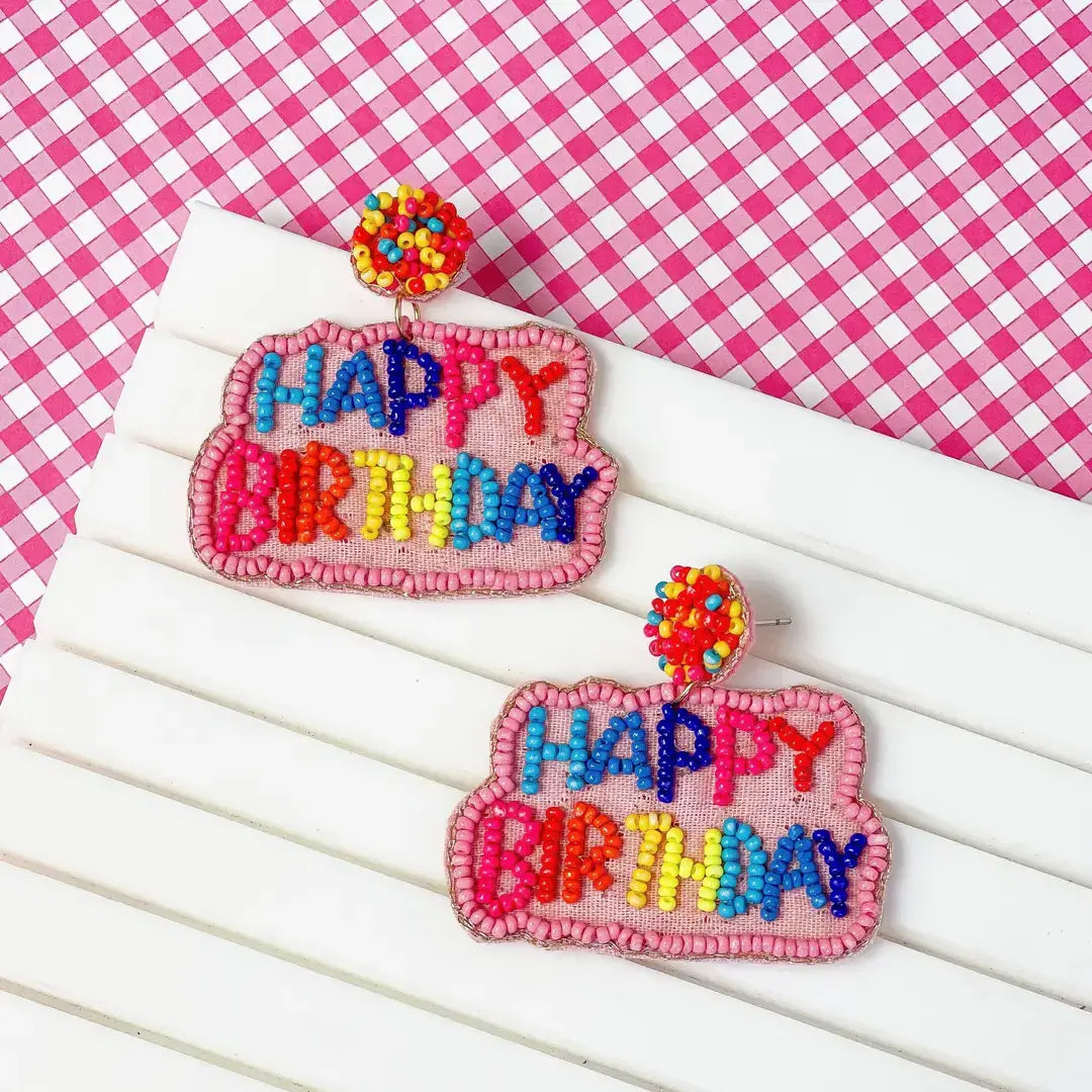 Prep Obsessed Wholesale - 'Happy Birthday' Seed Bead Embroidered Dangle Earrings