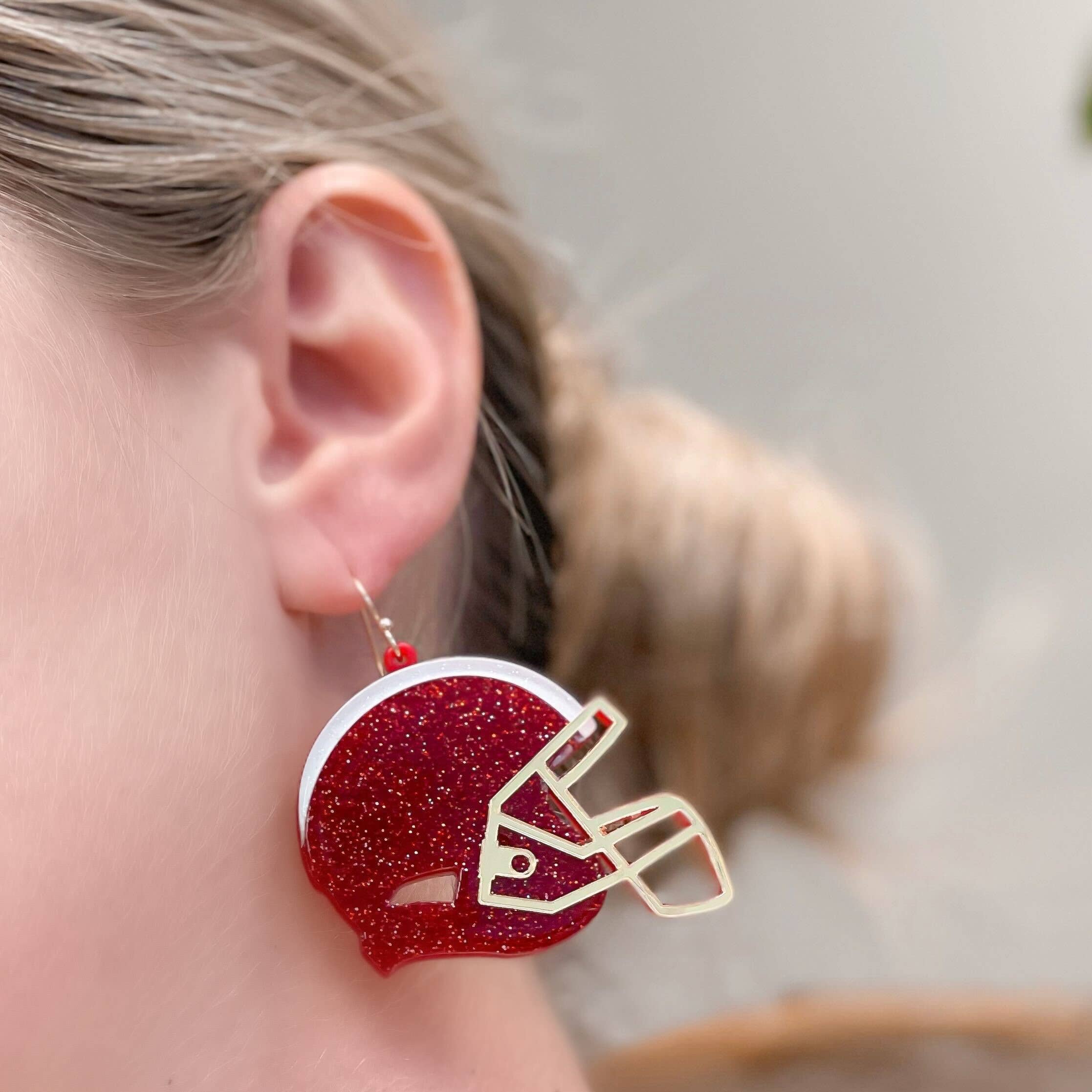 Prep Obsessed Wholesale - Glitter Football Helmet Dangle Earrings - Maroon